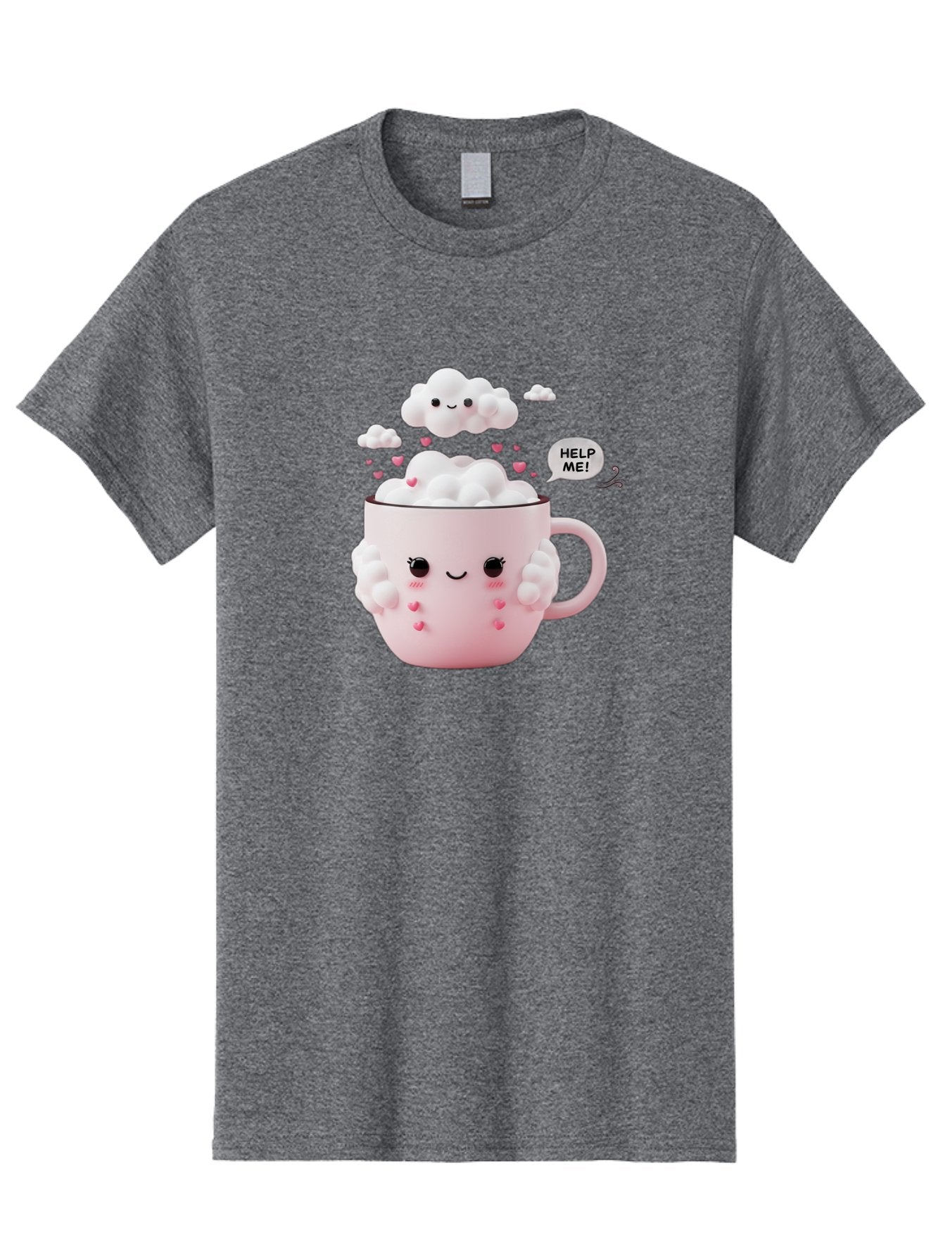 Help-Me-12 Men'S Graphic Tee, 100% Cotton, Comfortable Casual Summer Wear, Machine Washable, Cute Coffee Mug, Cartoon Character, Coffee Foam, Pink Hearts, Smiling Face, Speech Bubble, Help Me, Coffee Lover, Funny Illustration, Kawaii Art, Bac038 12