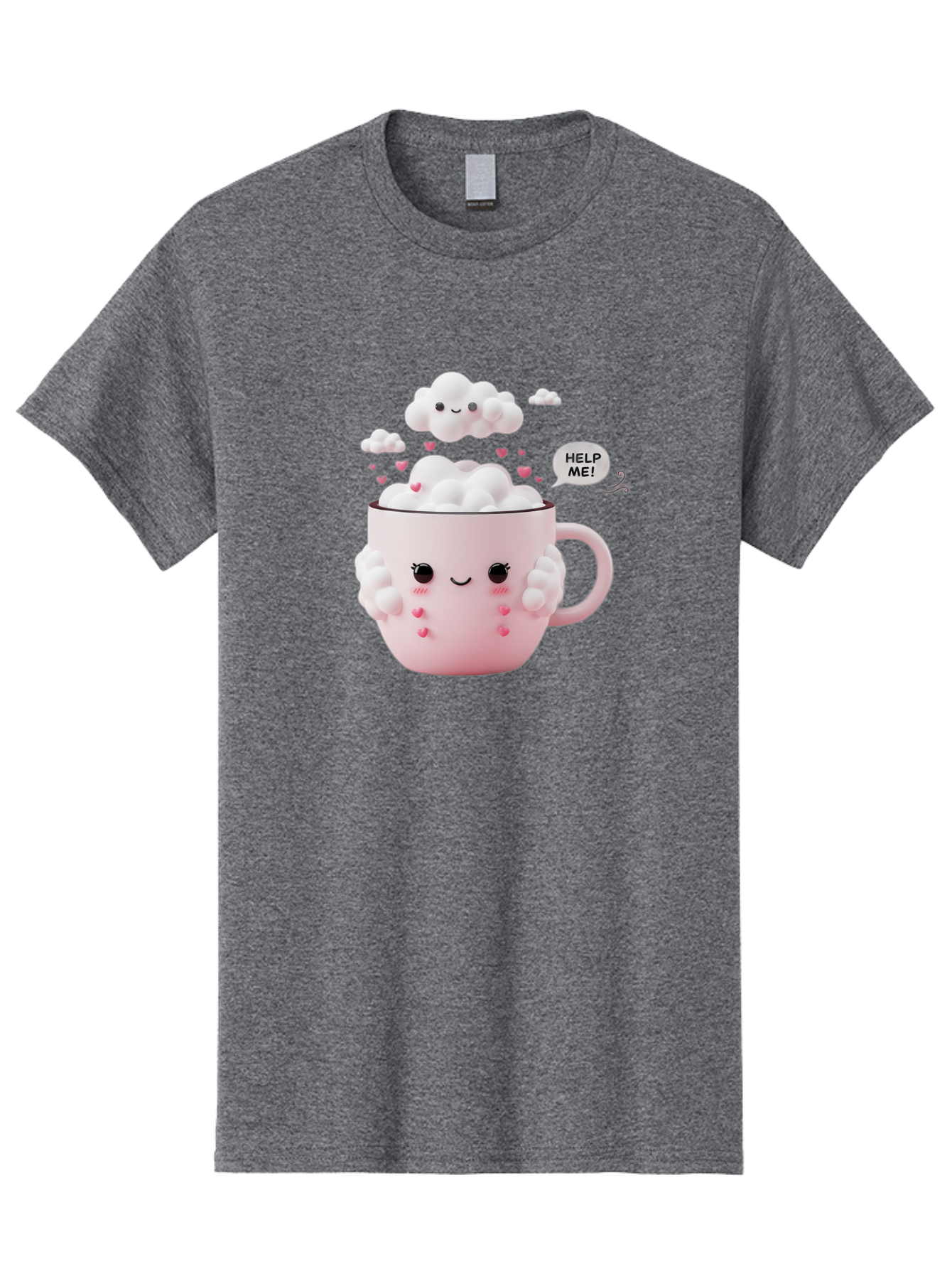 Help-Me-12 Men'S Graphic Tee, 100% Cotton, Comfortable Casual Summer Wear, Machine Washable, Cute Coffee Mug, Cartoon Character, Coffee Foam, Pink Hearts, Smiling Face, Speech Bubble, Help Me, Coffee Lover, Funny Illustration, Kawaii Art, Bac038 3