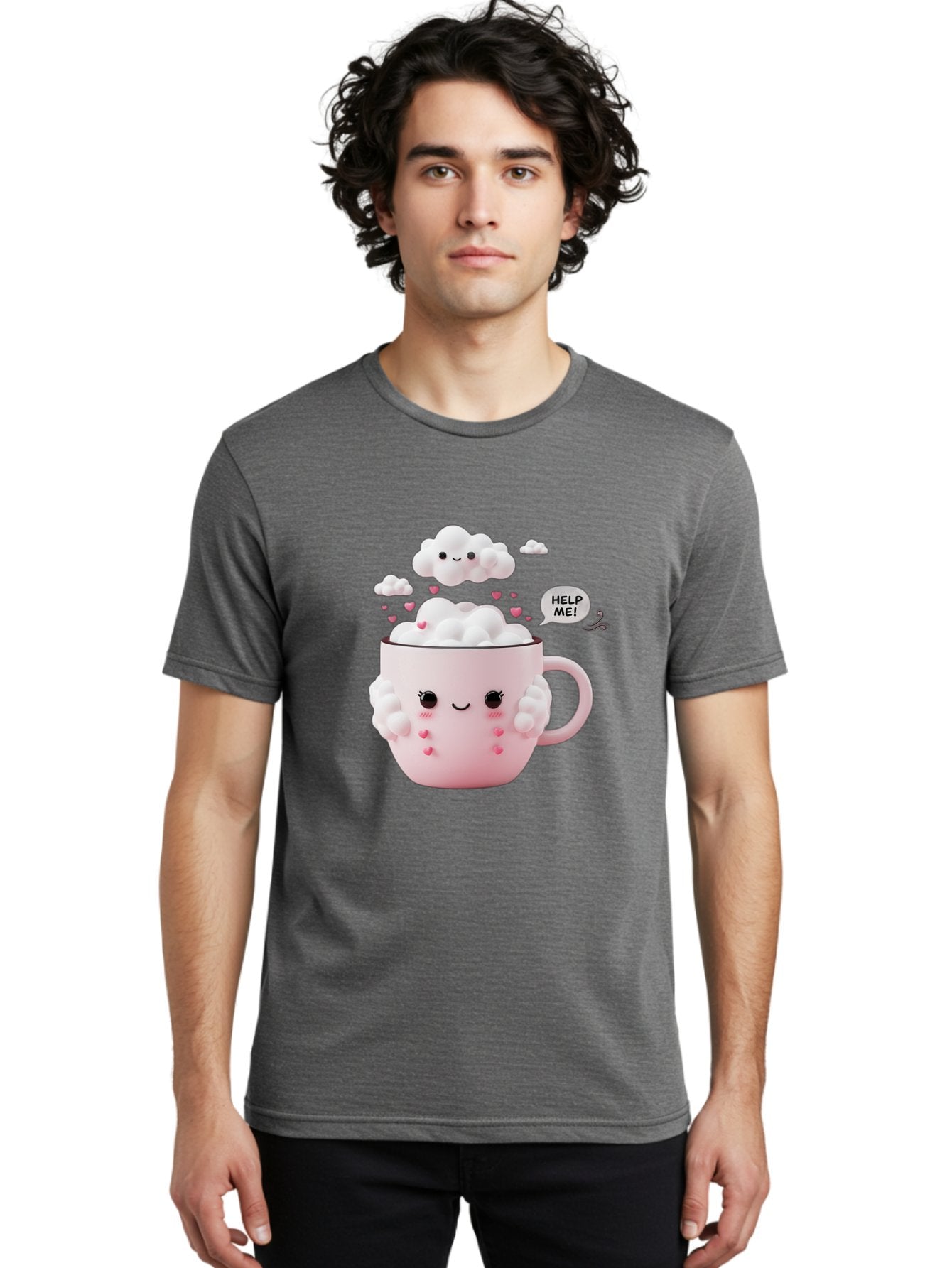 Help-Me-12 Men'S Graphic Tee, 100% Cotton, Comfortable Casual Summer Wear, Machine Washable, Cute Coffee Mug, Cartoon Character, Coffee Foam, Pink Hearts, Smiling Face, Speech Bubble, Help Me, Coffee Lover, Funny Illustration, Kawaii Art, Bac038 28