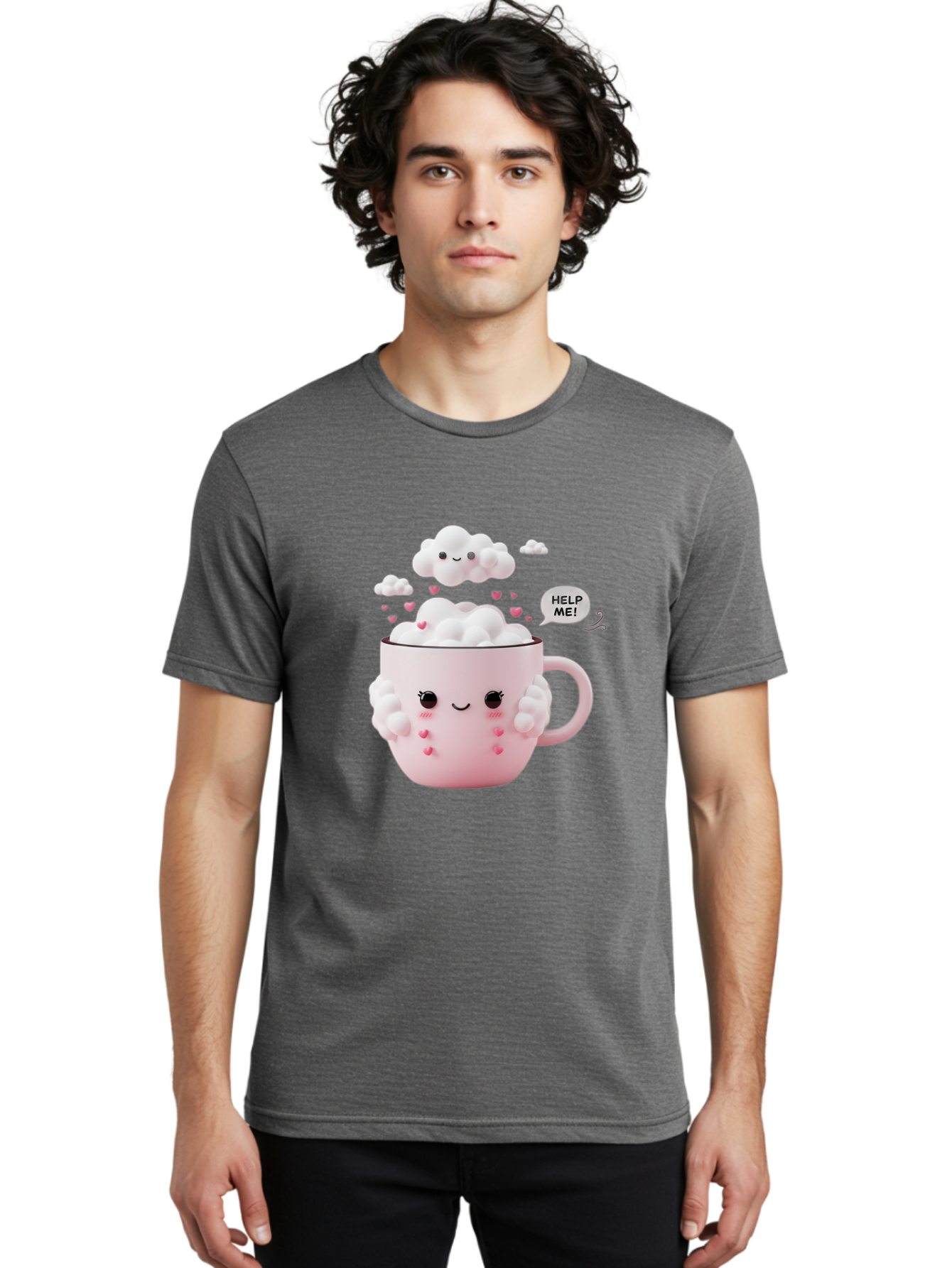 Help-Me-12 Men'S Graphic Tee, 100% Cotton, Comfortable Casual Summer Wear, Machine Washable, Cute Coffee Mug, Cartoon Character, Coffee Foam, Pink Hearts, Smiling Face, Speech Bubble, Help Me, Coffee Lover, Funny Illustration, Kawaii Art, Bac038 18