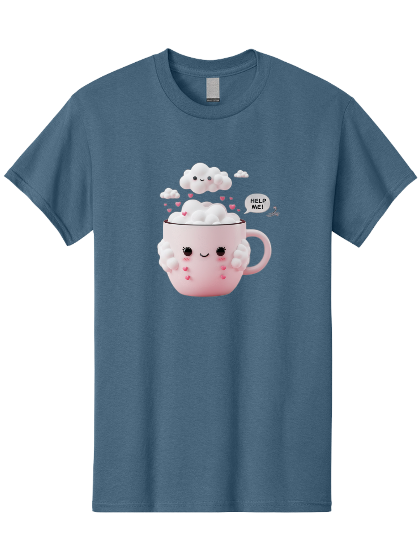 Help-Me-12 Men'S Graphic Tee, 100% Cotton, Comfortable Casual Summer Wear, Machine Washable, Cute Coffee Mug, Cartoon Character, Coffee Foam, Pink Hearts, Smiling Face, Speech Bubble, Help Me, Coffee Lover, Funny Illustration, Kawaii Art, Bac038 6