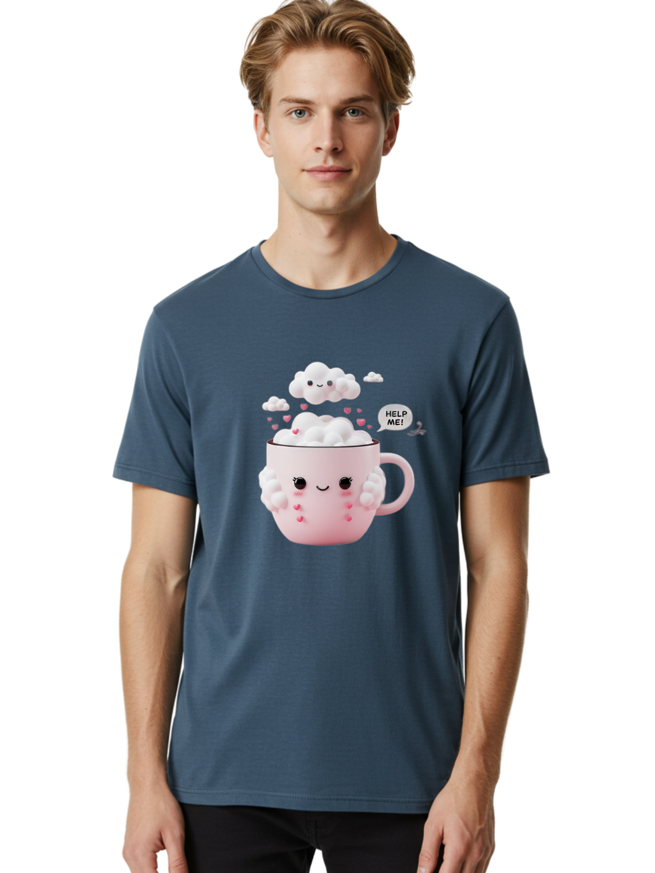 Help-Me-12 Men'S Graphic Tee, 100% Cotton, Comfortable Casual Summer Wear, Machine Washable, Cute Coffee Mug, Cartoon Character, Coffee Foam, Pink Hearts, Smiling Face, Speech Bubble, Help Me, Coffee Lover, Funny Illustration, Kawaii Art, Bac038 21