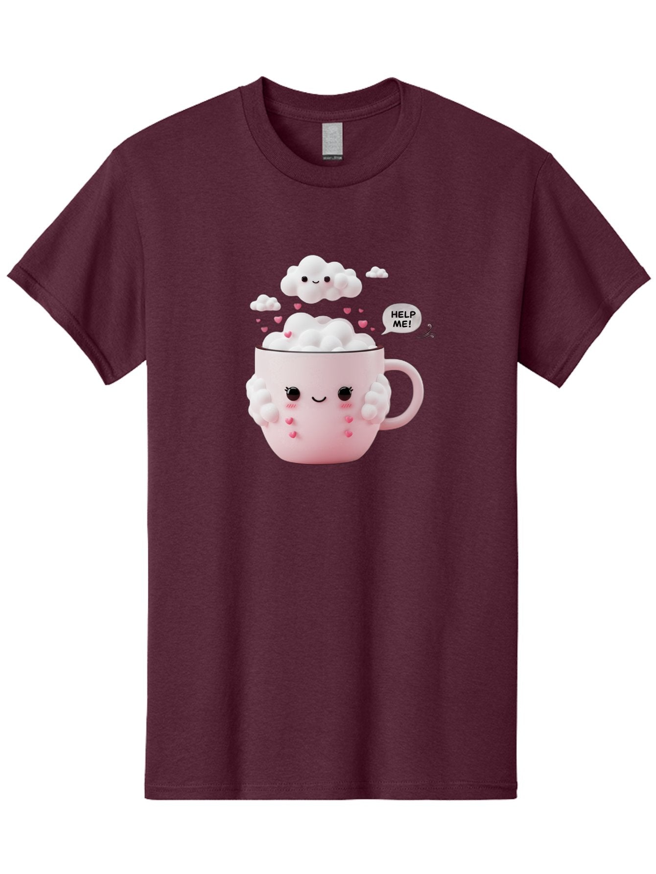Help-Me-12 Men'S Graphic Tee, 100% Cotton, Comfortable Casual Summer Wear, Machine Washable, Cute Coffee Mug, Cartoon Character, Coffee Foam, Pink Hearts, Smiling Face, Speech Bubble, Help Me, Coffee Lover, Funny Illustration, Kawaii Art, Bac038 15
