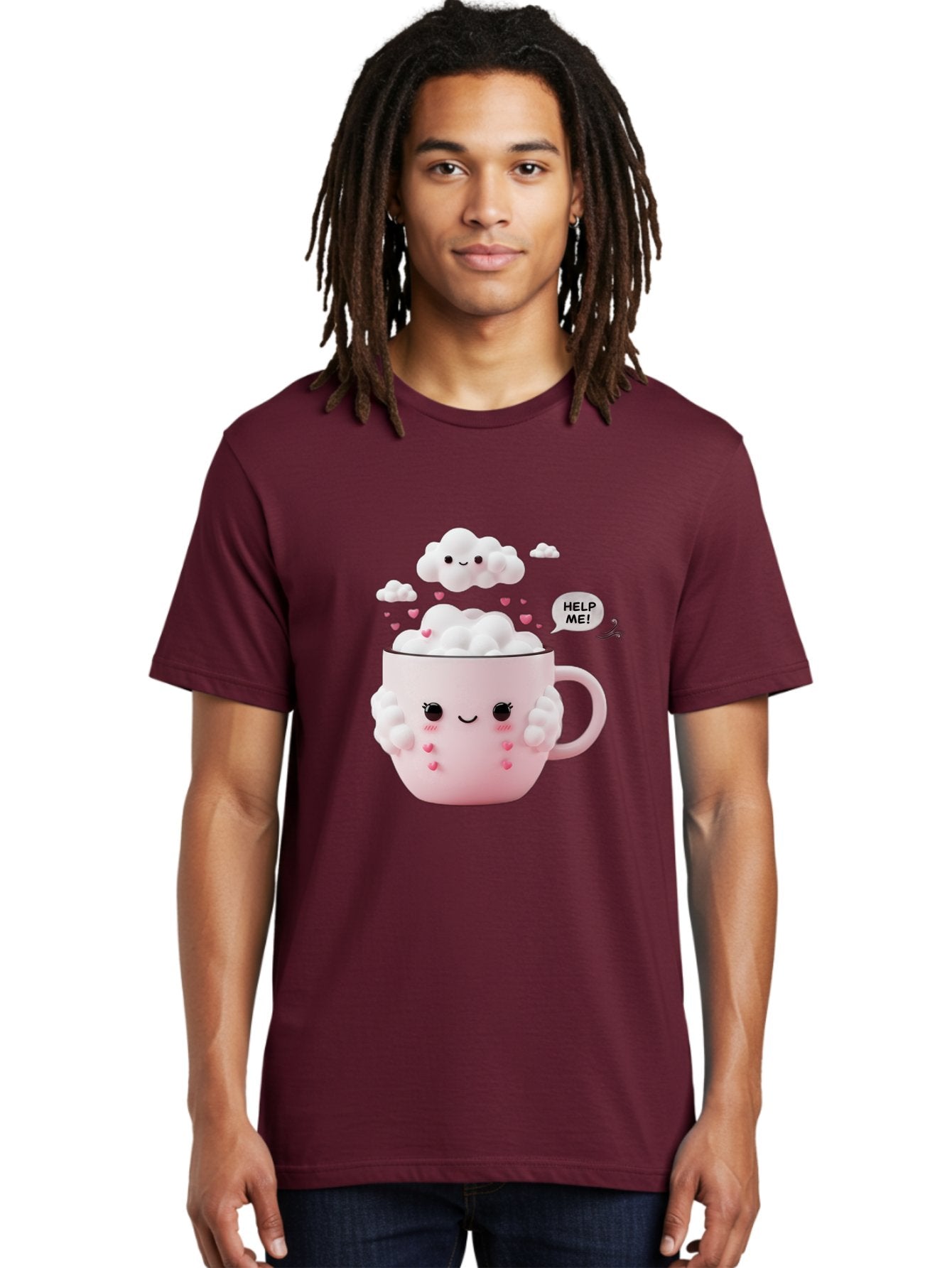 Help-Me-12 Men'S Graphic Tee, 100% Cotton, Comfortable Casual Summer Wear, Machine Washable, Cute Coffee Mug, Cartoon Character, Coffee Foam, Pink Hearts, Smiling Face, Speech Bubble, Help Me, Coffee Lover, Funny Illustration, Kawaii Art, Bac038 30