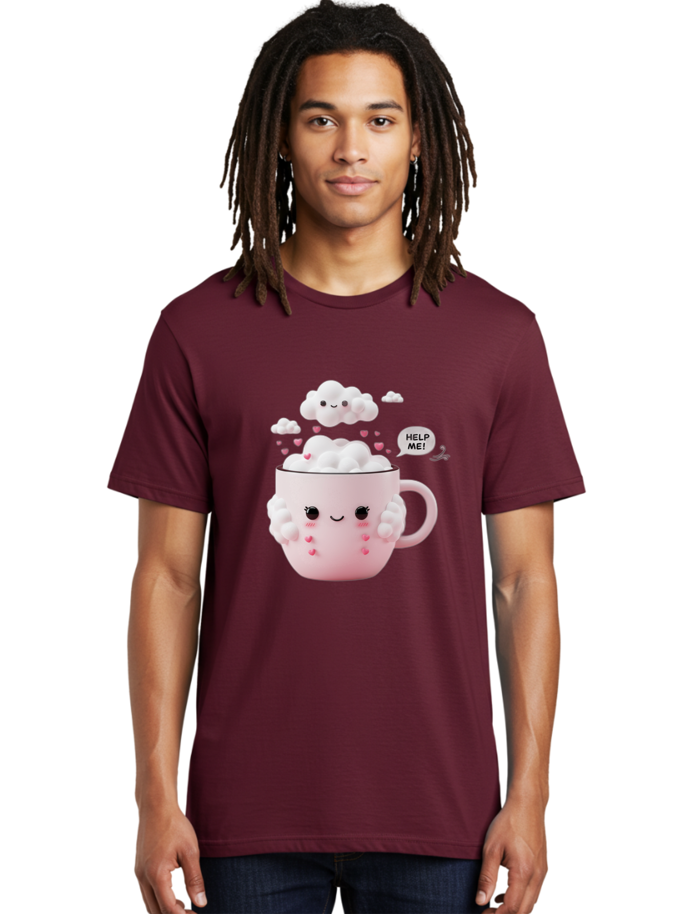 Help-Me-12 Men'S Graphic Tee, 100% Cotton, Comfortable Casual Summer Wear, Machine Washable, Cute Coffee Mug, Cartoon Character, Coffee Foam, Pink Hearts, Smiling Face, Speech Bubble, Help Me, Coffee Lover, Funny Illustration, Kawaii Art, Bac038 16