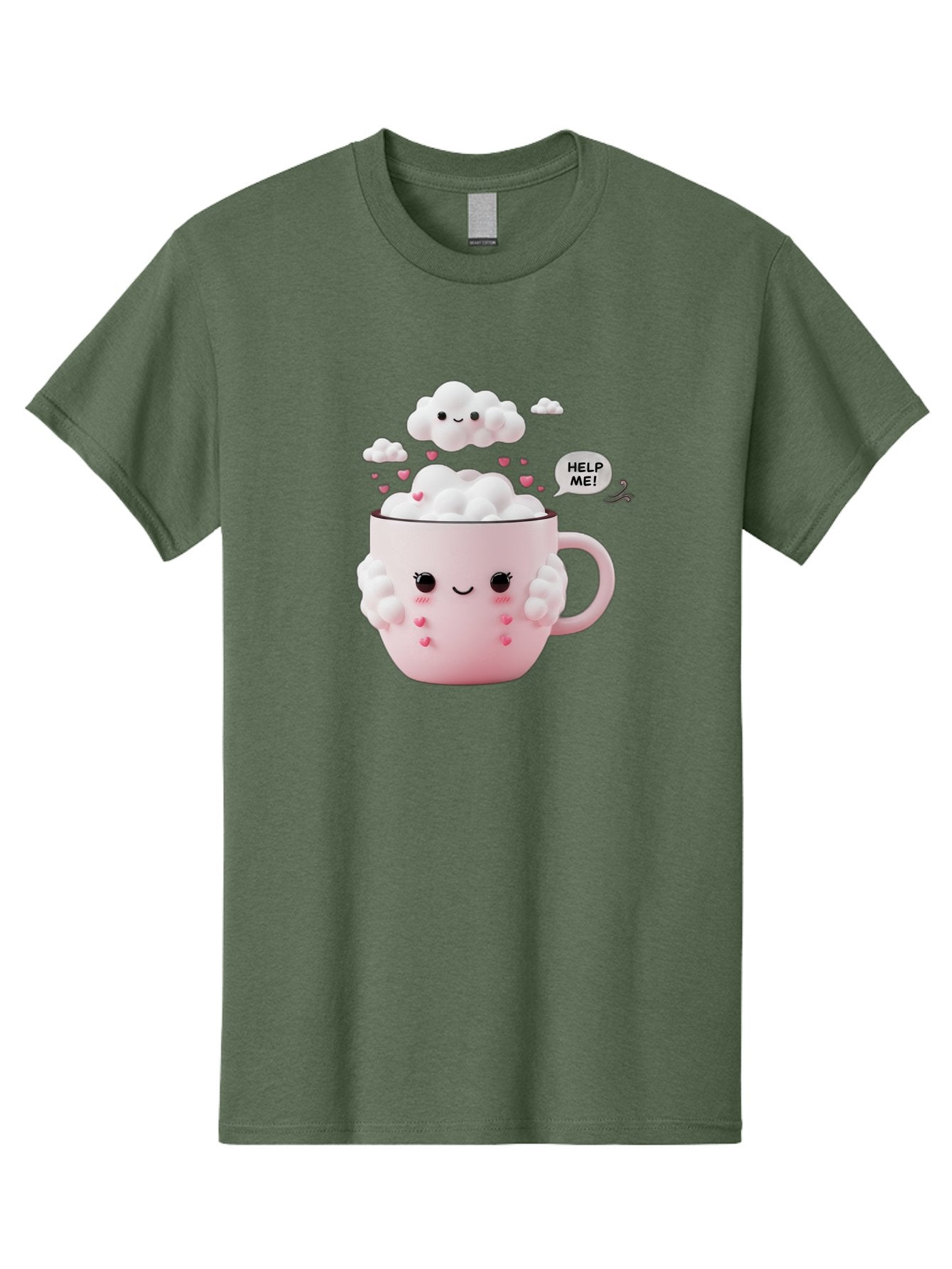 Help-Me-12 Men'S Graphic Tee, 100% Cotton, Comfortable Casual Summer Wear, Machine Washable, Cute Coffee Mug, Cartoon Character, Coffee Foam, Pink Hearts, Smiling Face, Speech Bubble, Help Me, Coffee Lover, Funny Illustration, Kawaii Art, Bac038 13