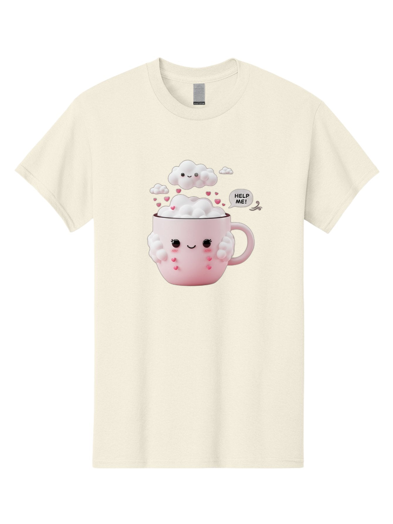 Help-Me-12 Men'S Graphic Tee, 100% Cotton, Comfortable Casual Summer Wear, Machine Washable, Cute Coffee Mug, Cartoon Character, Coffee Foam, Pink Hearts, Smiling Face, Speech Bubble, Help Me, Coffee Lover, Funny Illustration, Kawaii Art, Bac038 9
