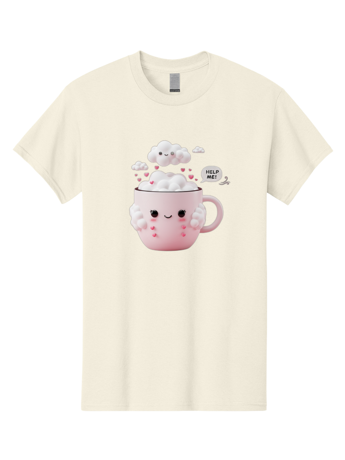 Help-Me-12 Men'S Graphic Tee, 100% Cotton, Comfortable Casual Summer Wear, Machine Washable, Cute Coffee Mug, Cartoon Character, Coffee Foam, Pink Hearts, Smiling Face, Speech Bubble, Help Me, Coffee Lover, Funny Illustration, Kawaii Art, Bac038 5