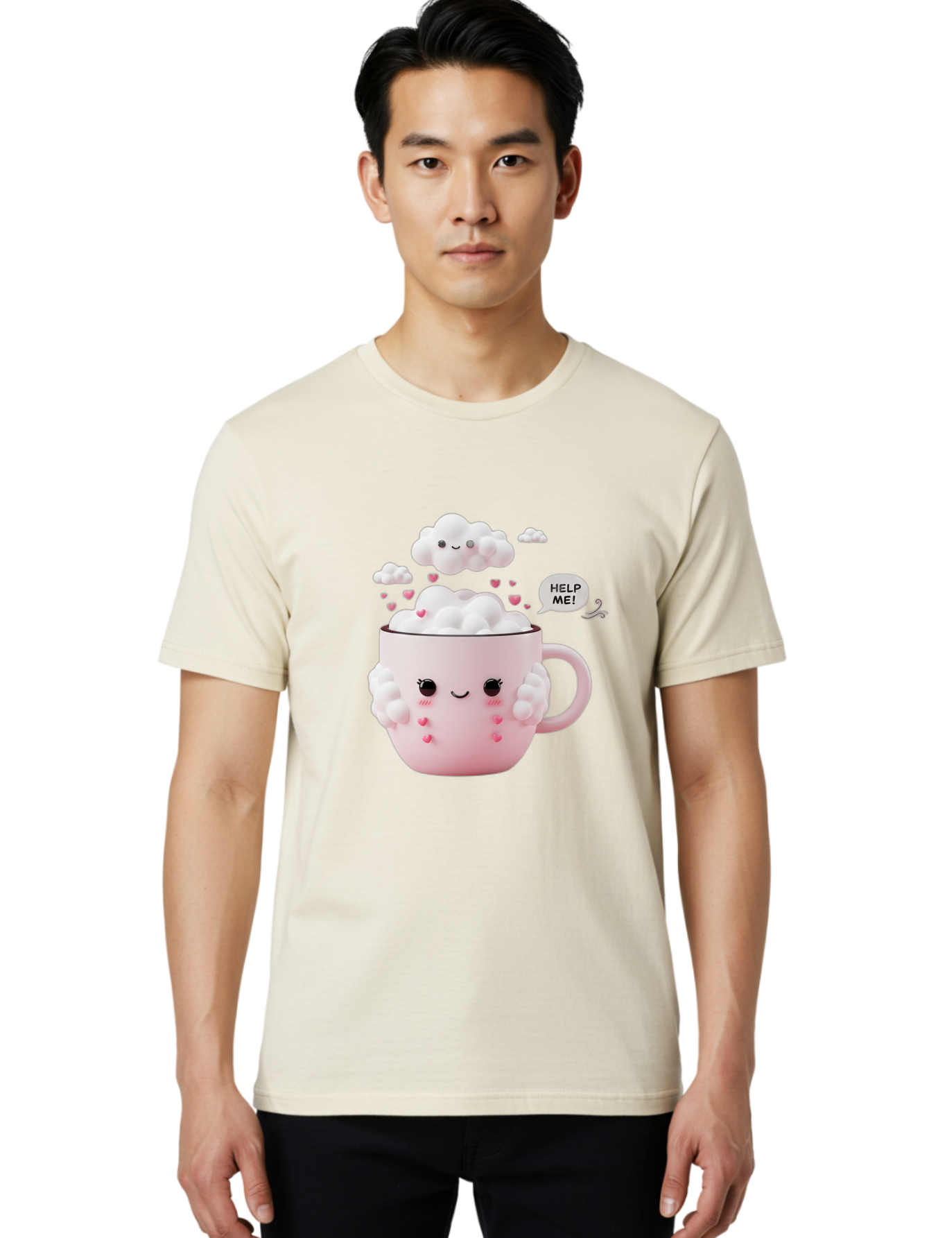 Help-Me-12 Men'S Graphic Tee, 100% Cotton, Comfortable Casual Summer Wear, Machine Washable, Cute Coffee Mug, Cartoon Character, Coffee Foam, Pink Hearts, Smiling Face, Speech Bubble, Help Me, Coffee Lover, Funny Illustration, Kawaii Art, Bac038 20