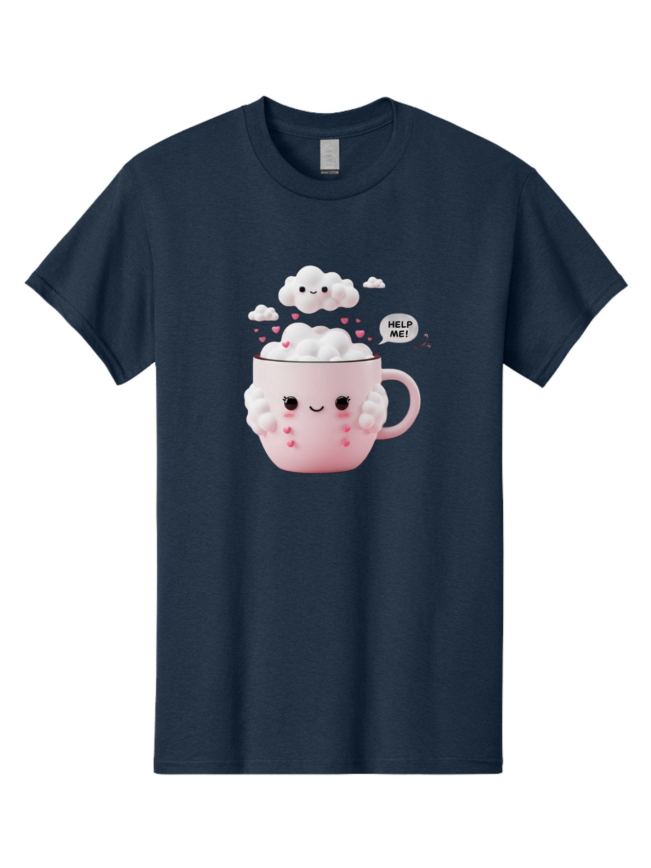 Help-Me-12 Men'S Graphic Tee, 100% Cotton, Comfortable Casual Summer Wear, Machine Washable, Cute Coffee Mug, Cartoon Character, Coffee Foam, Pink Hearts, Smiling Face, Speech Bubble, Help Me, Coffee Lover, Funny Illustration, Kawaii Art, Bac038 11