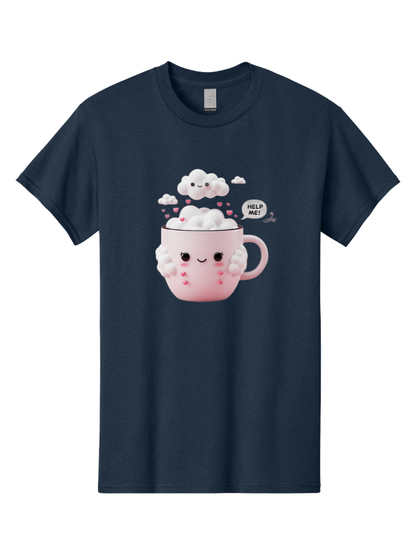 Help-Me-12 Men'S Graphic Tee, 100% Cotton, Comfortable Casual Summer Wear, Machine Washable, Cute Coffee Mug, Cartoon Character, Coffee Foam, Pink Hearts, Smiling Face, Speech Bubble, Help Me, Coffee Lover, Funny Illustration, Kawaii Art, Bac038 4