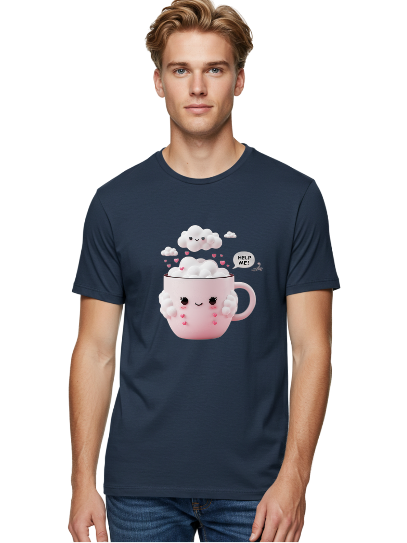 Help-Me-12 Men'S Graphic Tee, 100% Cotton, Comfortable Casual Summer Wear, Machine Washable, Cute Coffee Mug, Cartoon Character, Coffee Foam, Pink Hearts, Smiling Face, Speech Bubble, Help Me, Coffee Lover, Funny Illustration, Kawaii Art, Bac038 19