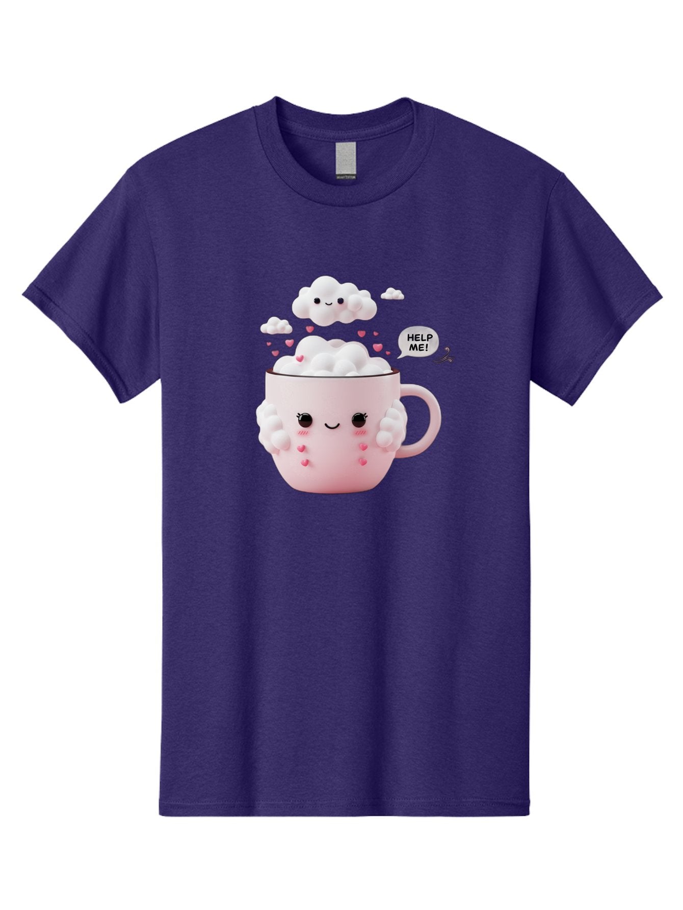 Help-Me-12 Men'S Graphic Tee, 100% Cotton, Comfortable Casual Summer Wear, Machine Washable, Cute Coffee Mug, Cartoon Character, Coffee Foam, Pink Hearts, Smiling Face, Speech Bubble, Help Me, Coffee Lover, Funny Illustration, Kawaii Art, Bac038 6