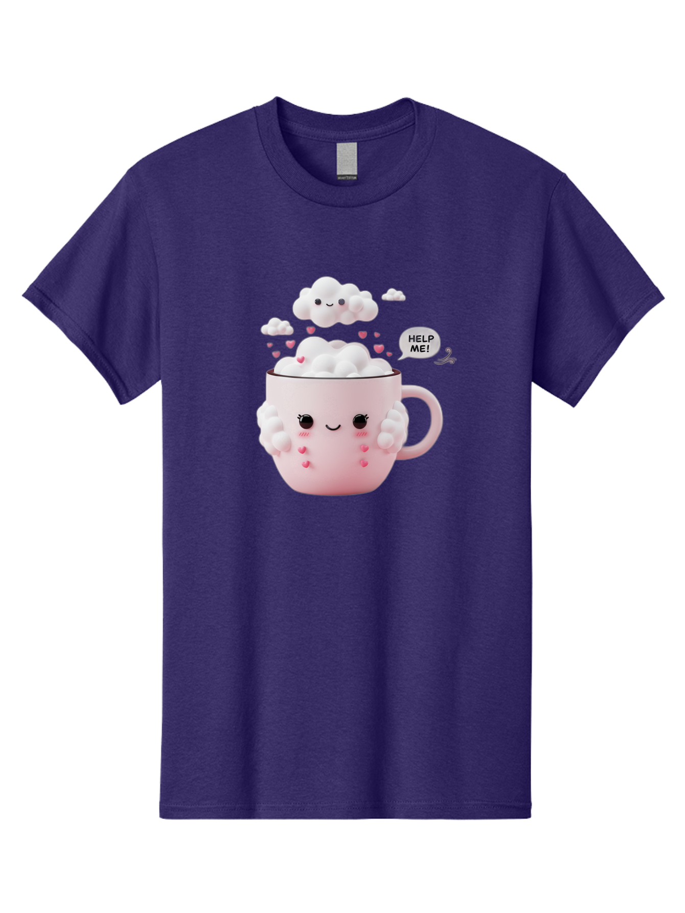 Help-Me-12 Men'S Graphic Tee, 100% Cotton, Comfortable Casual Summer Wear, Machine Washable, Cute Coffee Mug, Cartoon Character, Coffee Foam, Pink Hearts, Smiling Face, Speech Bubble, Help Me, Coffee Lover, Funny Illustration, Kawaii Art, Bac038 7