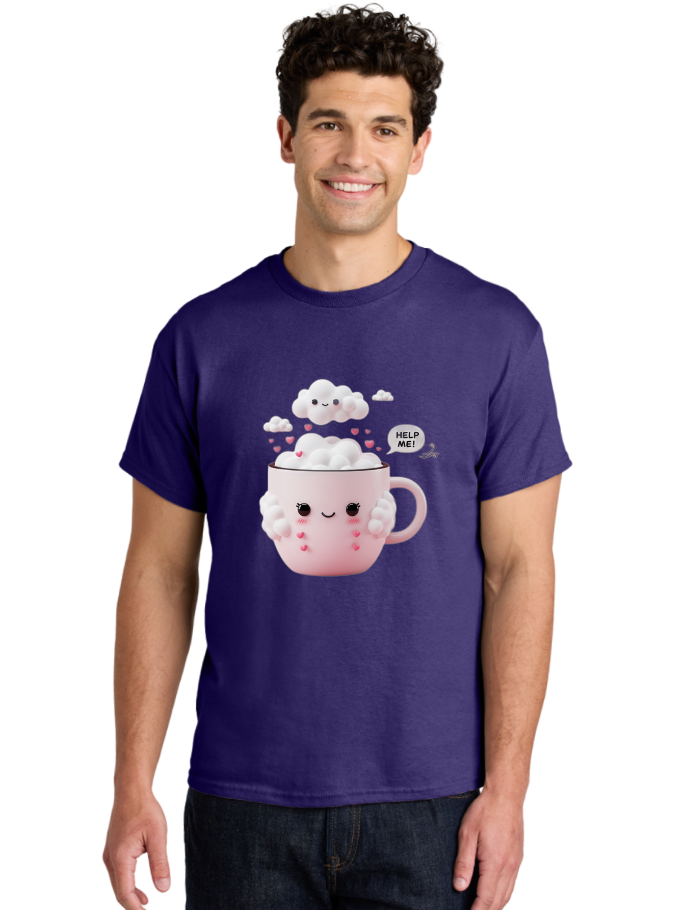 Help-Me-12 Men'S Graphic Tee, 100% Cotton, Comfortable Casual Summer Wear, Machine Washable, Cute Coffee Mug, Cartoon Character, Coffee Foam, Pink Hearts, Smiling Face, Speech Bubble, Help Me, Coffee Lover, Funny Illustration, Kawaii Art, Bac038 22