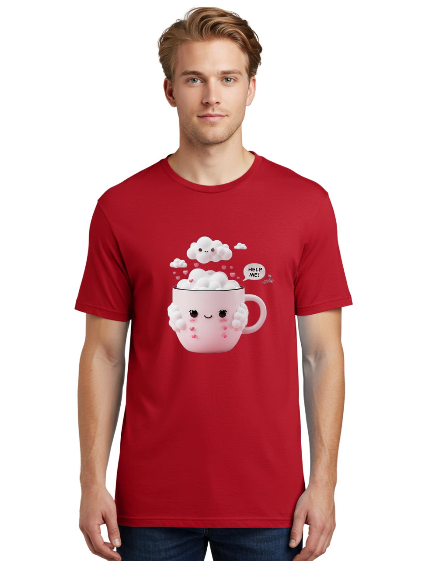 Help-Me-12 Men'S Graphic Tee, 100% Cotton, Comfortable Casual Summer Wear, Machine Washable, Cute Coffee Mug, Cartoon Character, Coffee Foam, Pink Hearts, Smiling Face, Speech Bubble, Help Me, Coffee Lover, Funny Illustration, Kawaii Art, Bac038 23