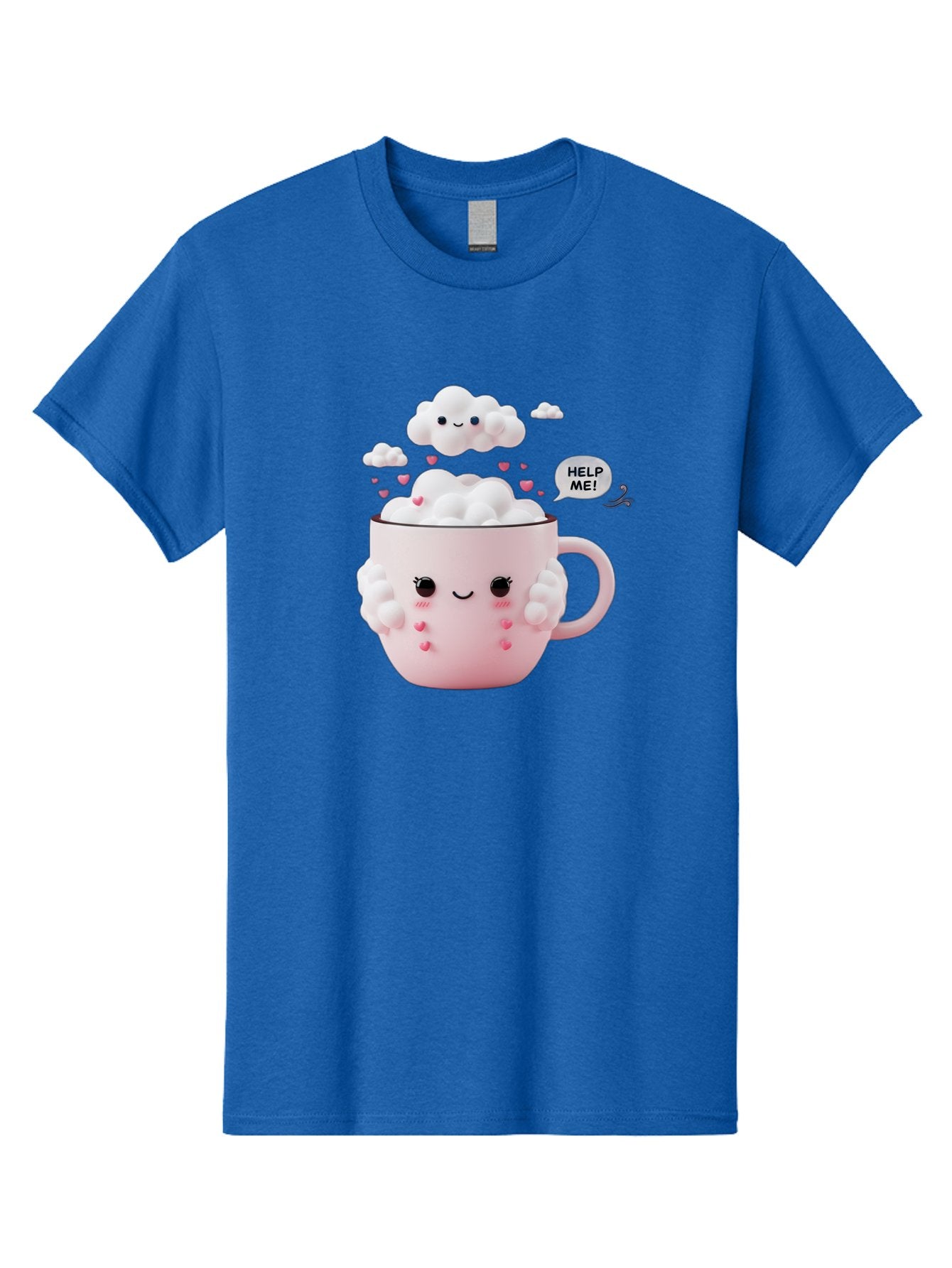 Help-Me-12 Men'S Graphic Tee, 100% Cotton, Comfortable Casual Summer Wear, Machine Washable, Cute Coffee Mug, Cartoon Character, Coffee Foam, Pink Hearts, Smiling Face, Speech Bubble, Help Me, Coffee Lover, Funny Illustration, Kawaii Art, Bac038