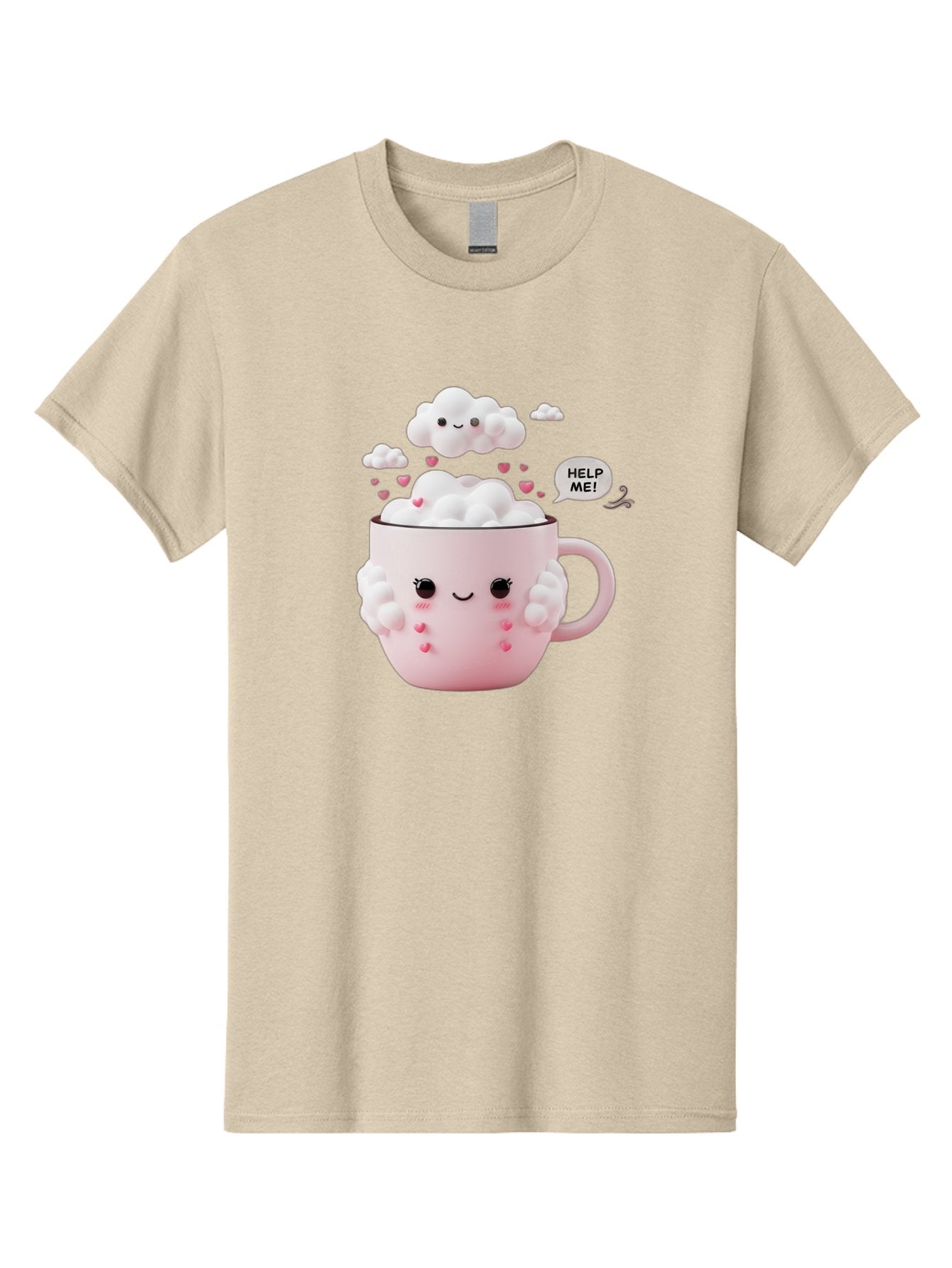 Help-Me-12 Men'S Graphic Tee, 100% Cotton, Comfortable Casual Summer Wear, Machine Washable, Cute Coffee Mug, Cartoon Character, Coffee Foam, Pink Hearts, Smiling Face, Speech Bubble, Help Me, Coffee Lover, Funny Illustration, Kawaii Art, Bac038 3