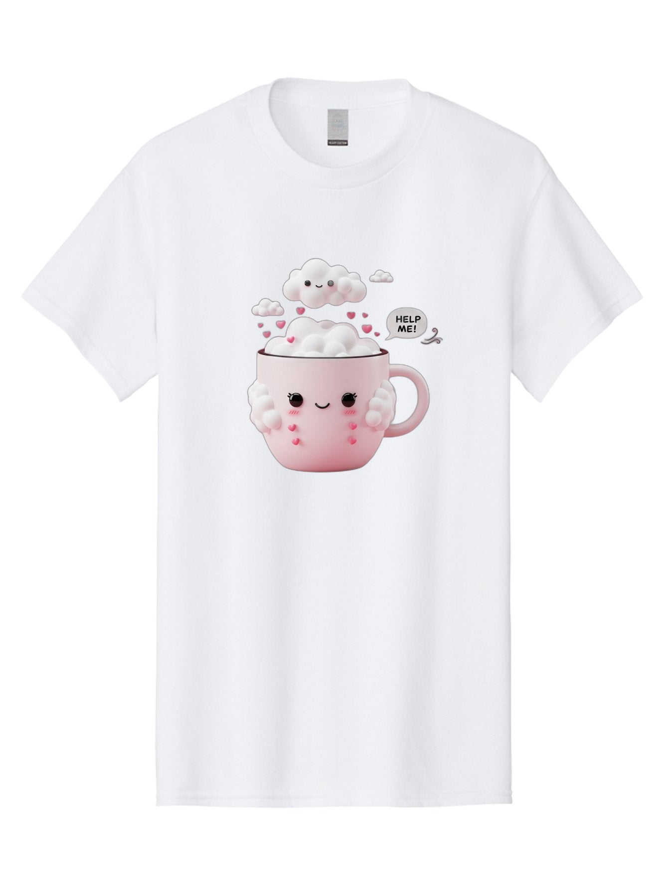 Help-Me-12 Men'S Graphic Tee, 100% Cotton, Comfortable Casual Summer Wear, Machine Washable, Cute Coffee Mug, Cartoon Character, Coffee Foam, Pink Hearts, Smiling Face, Speech Bubble, Help Me, Coffee Lover, Funny Illustration, Kawaii Art, Bac038