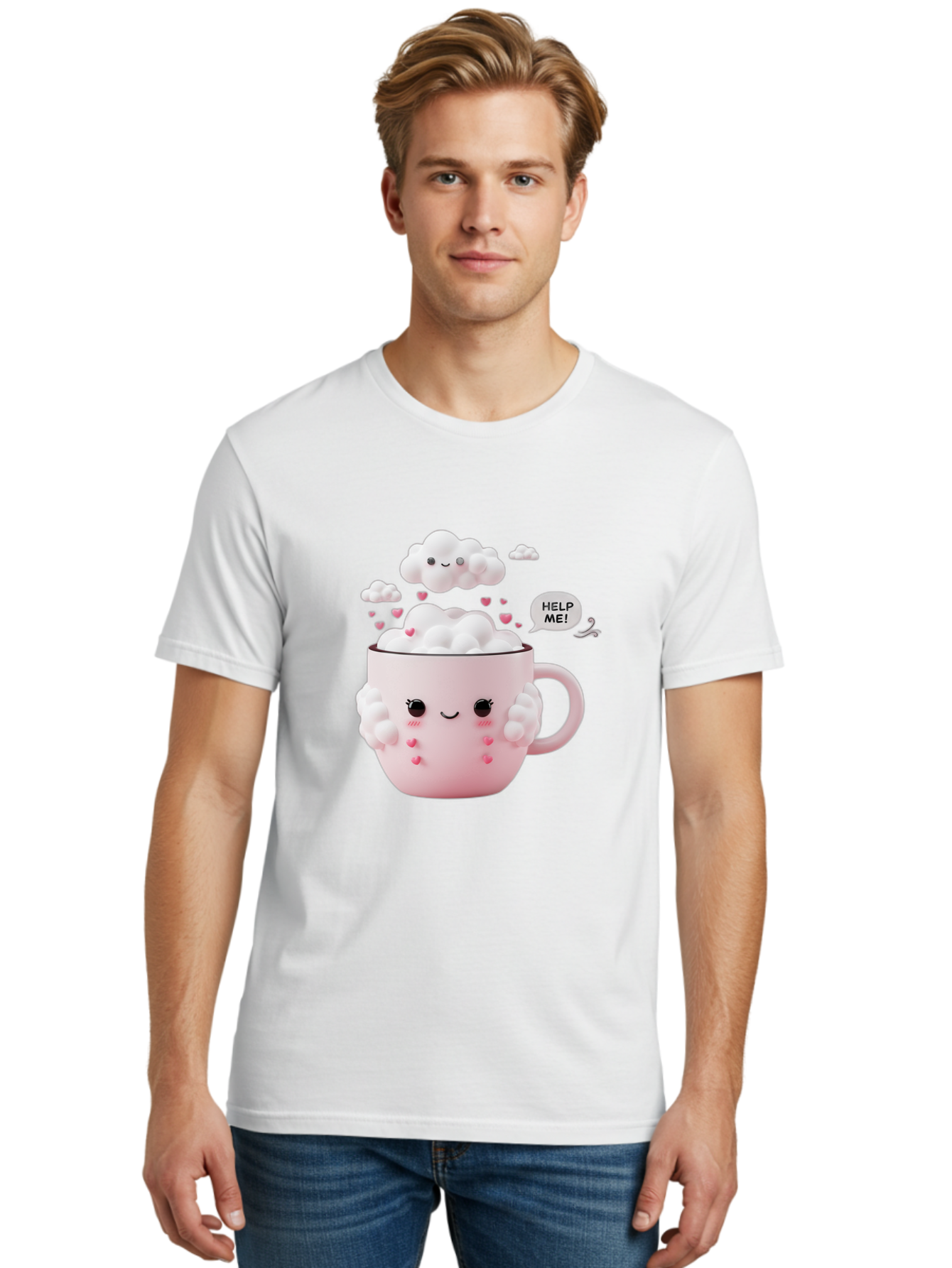 Help-Me-12 Men'S Graphic Tee, 100% Cotton, Comfortable Casual Summer Wear, Machine Washable, Cute Coffee Mug, Cartoon Character, Coffee Foam, Pink Hearts, Smiling Face, Speech Bubble, Help Me, Coffee Lover, Funny Illustration, Kawaii Art, Bac038 26