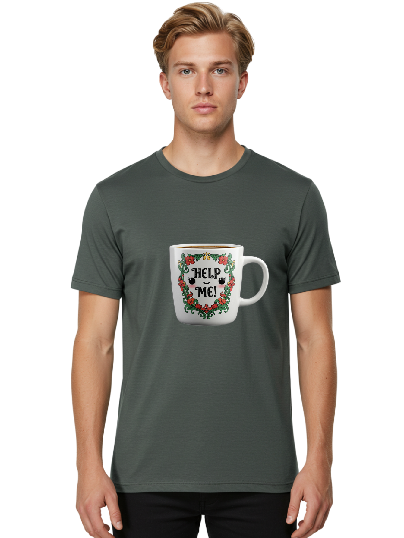 Help-Me-13 Men'S Graphic Tee, 100% Cotton, Comfortable Casual Summer Wear, Machine Washable, Funny Coffee Mug, Quirky Design, Distressed Humor, Floral Wreath, Cute Face, Humorous Quote, Playful Design, Novelty Mug, Coffee Lover Gift Bac039 20