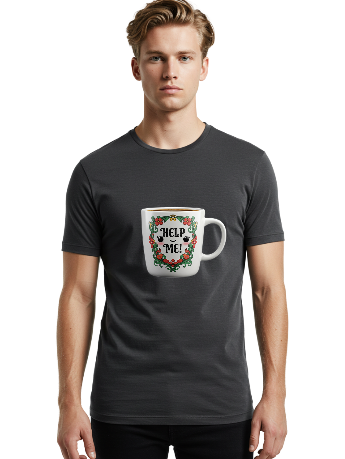 Help-Me-13 Men'S Graphic Tee, 100% Cotton, Comfortable Casual Summer Wear, Machine Washable, Funny Coffee Mug, Quirky Design, Distressed Humor, Floral Wreath, Cute Face, Humorous Quote, Playful Design, Novelty Mug, Coffee Lover Gift Bac039 21