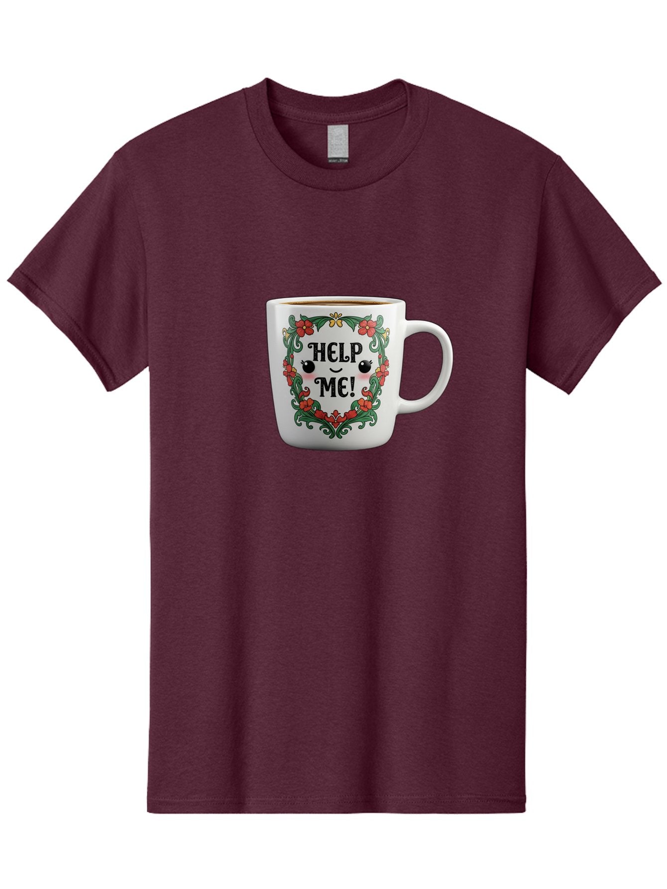 Help-Me-13 Men'S Graphic Tee, 100% Cotton, Comfortable Casual Summer Wear, Machine Washable, Funny Coffee Mug, Quirky Design, Distressed Humor, Floral Wreath, Cute Face, Humorous Quote, Playful Design, Novelty Mug, Coffee Lover Gift Bac039 13
