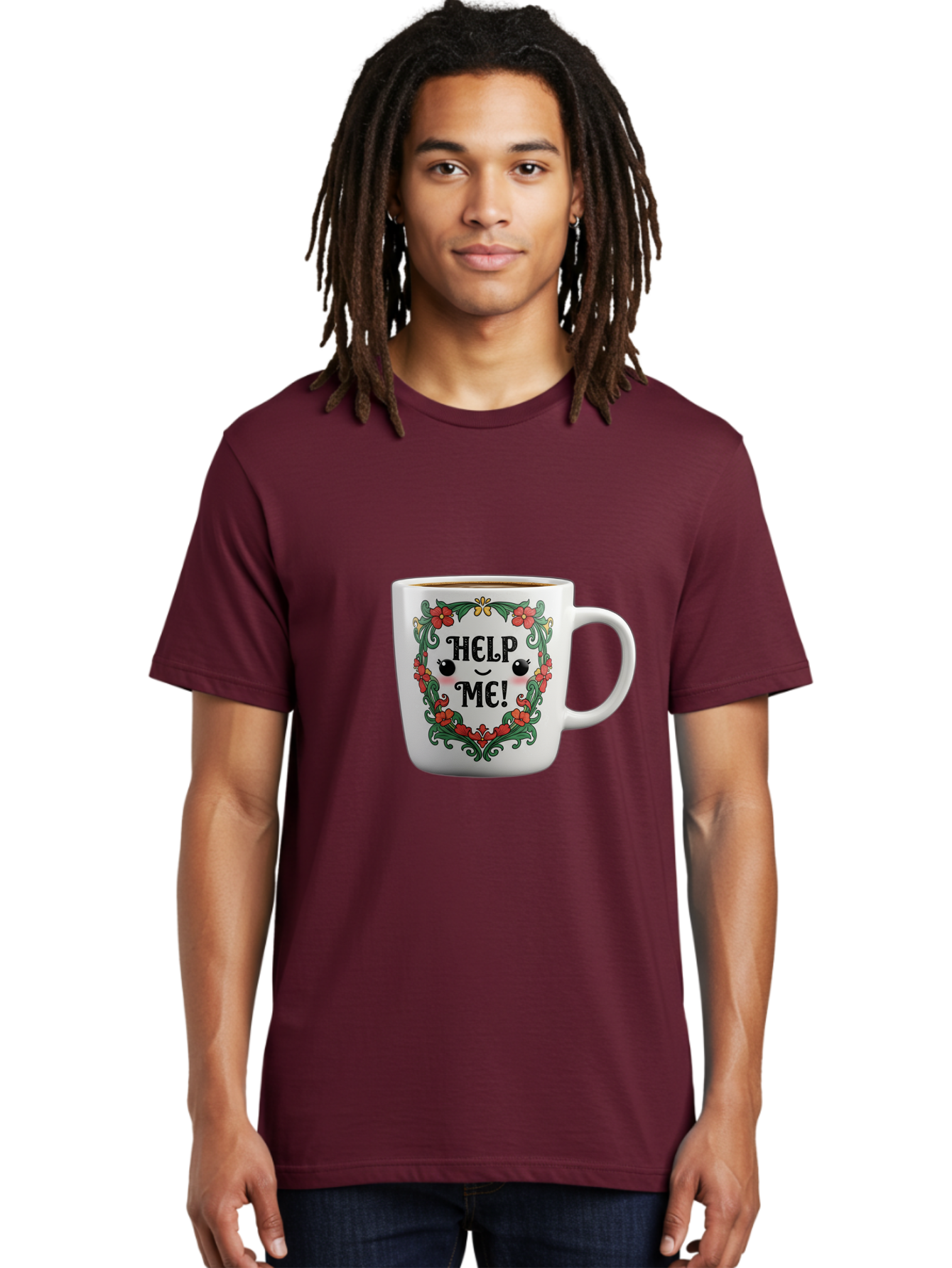 Help-Me-13 Men'S Graphic Tee, 100% Cotton, Comfortable Casual Summer Wear, Machine Washable, Funny Coffee Mug, Quirky Design, Distressed Humor, Floral Wreath, Cute Face, Humorous Quote, Playful Design, Novelty Mug, Coffee Lover Gift Bac039 17