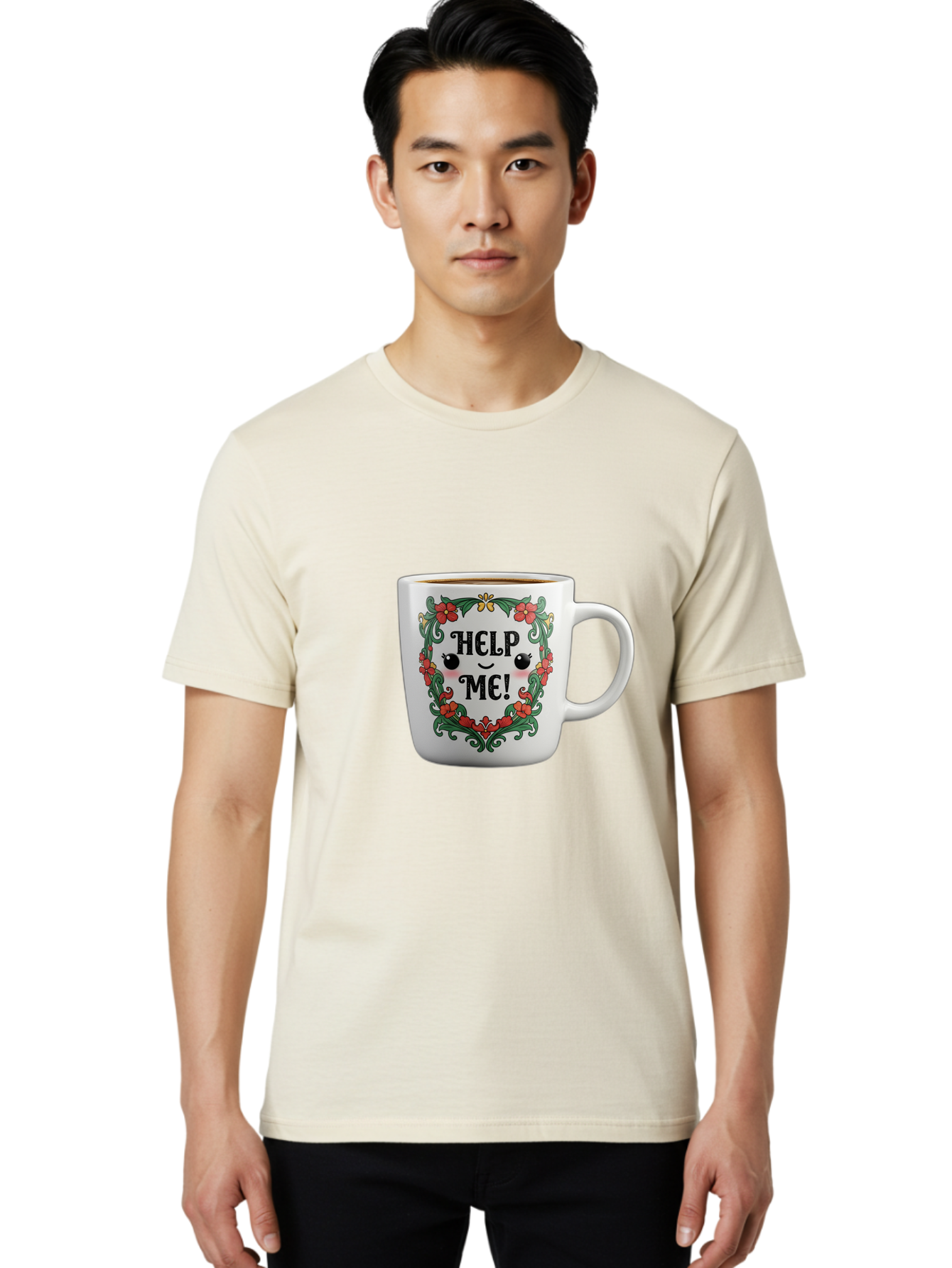 Help-Me-13 Men'S Graphic Tee, 100% Cotton, Comfortable Casual Summer Wear, Machine Washable, Funny Coffee Mug, Quirky Design, Distressed Humor, Floral Wreath, Cute Face, Humorous Quote, Playful Design, Novelty Mug, Coffee Lover Gift Bac039 28