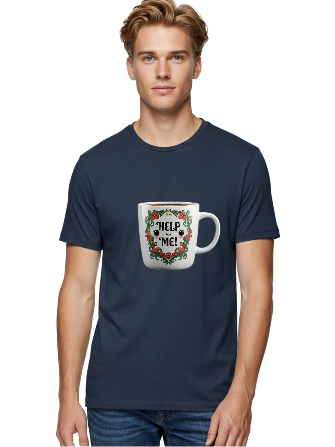Help-Me-13 Men'S Graphic Tee, 100% Cotton, Comfortable Casual Summer Wear, Machine Washable, Funny Coffee Mug, Quirky Design, Distressed Humor, Floral Wreath, Cute Face, Humorous Quote, Playful Design, Novelty Mug, Coffee Lover Gift Bac039 16