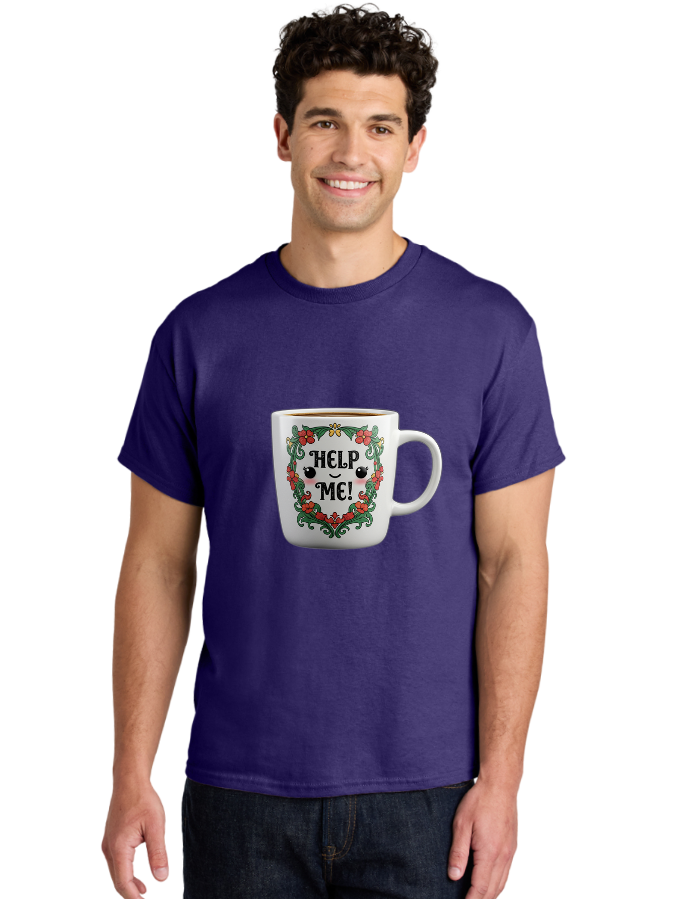 Help-Me-13 Men'S Graphic Tee, 100% Cotton, Comfortable Casual Summer Wear, Machine Washable, Funny Coffee Mug, Quirky Design, Distressed Humor, Floral Wreath, Cute Face, Humorous Quote, Playful Design, Novelty Mug, Coffee Lover Gift Bac039 22
