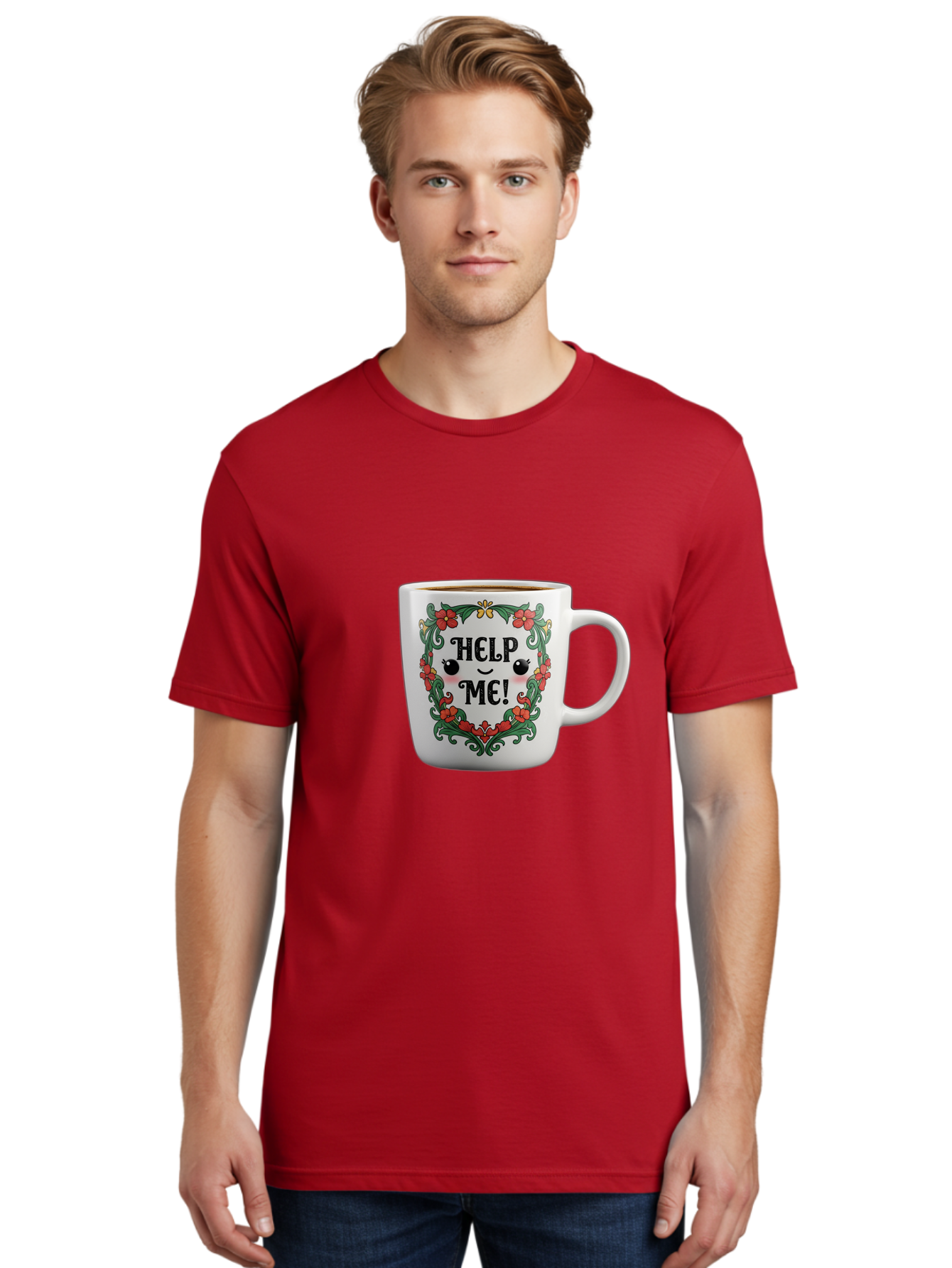 Help-Me-13 Men'S Graphic Tee, 100% Cotton, Comfortable Casual Summer Wear, Machine Washable, Funny Coffee Mug, Quirky Design, Distressed Humor, Floral Wreath, Cute Face, Humorous Quote, Playful Design, Novelty Mug, Coffee Lover Gift Bac039 24
