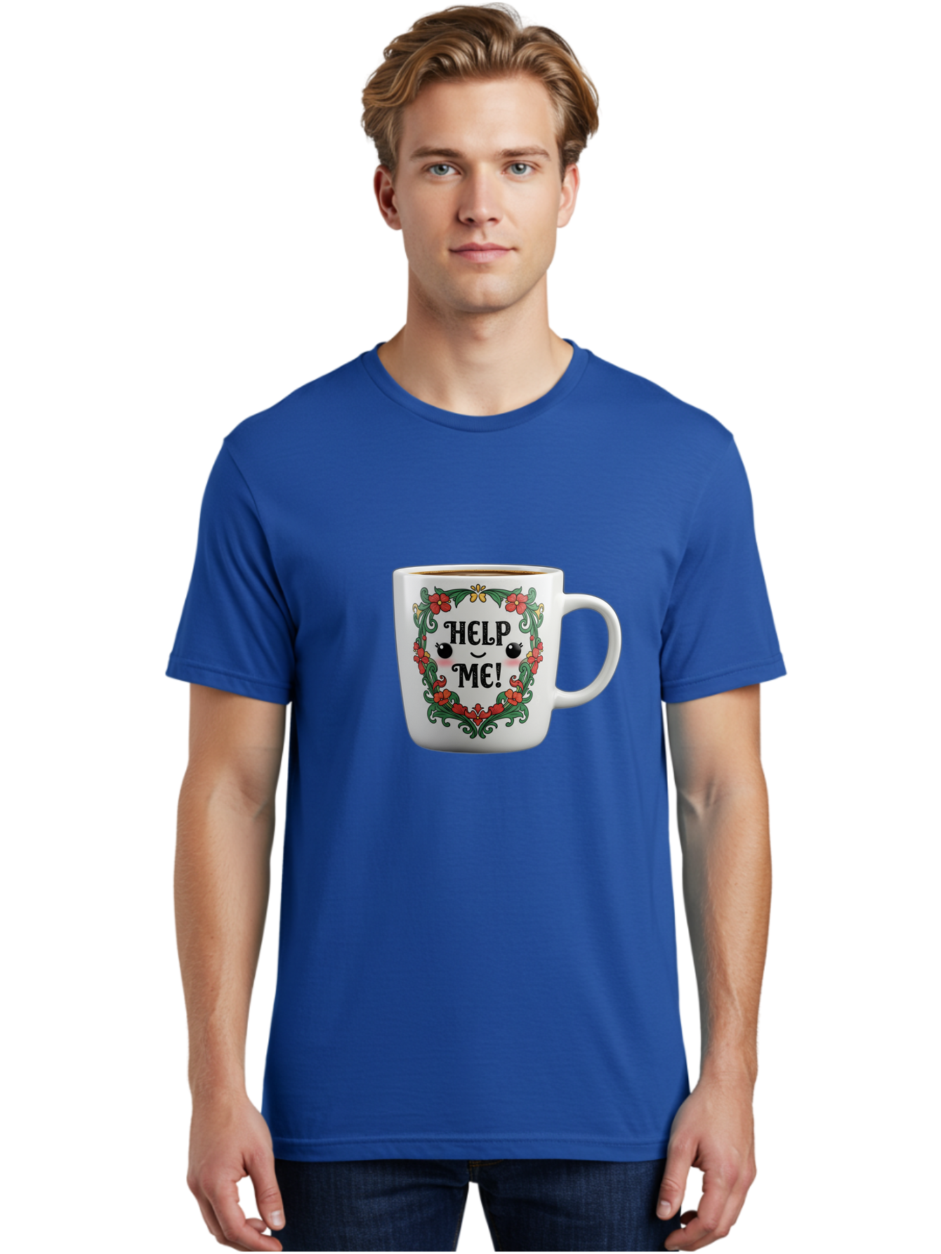 Help-Me-13 Men'S Graphic Tee, 100% Cotton, Comfortable Casual Summer Wear, Machine Washable, Funny Coffee Mug, Quirky Design, Distressed Humor, Floral Wreath, Cute Face, Humorous Quote, Playful Design, Novelty Mug, Coffee Lover Gift Bac039 27