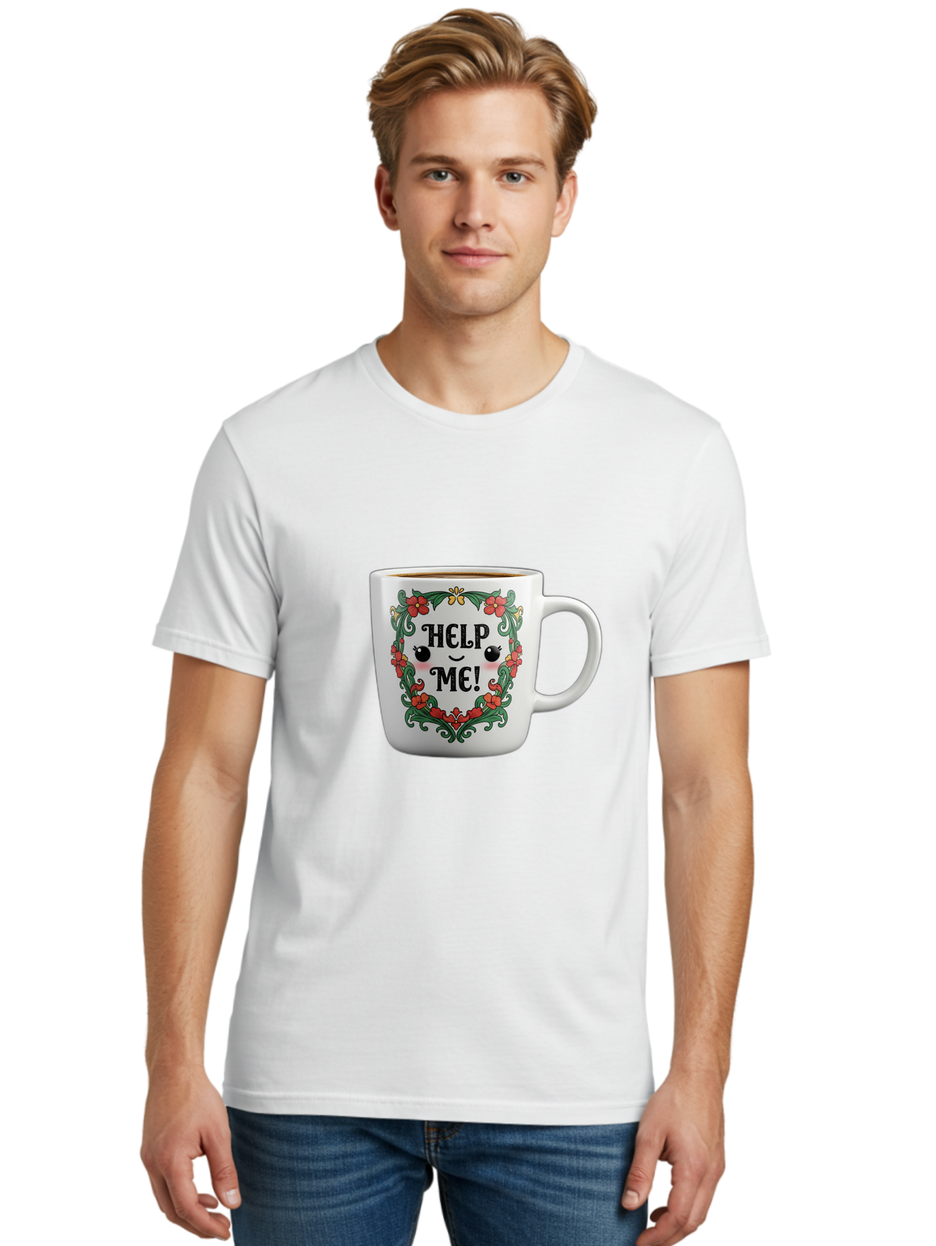 Help-Me-13 Men'S Graphic Tee, 100% Cotton, Comfortable Casual Summer Wear, Machine Washable, Funny Coffee Mug, Quirky Design, Distressed Humor, Floral Wreath, Cute Face, Humorous Quote, Playful Design, Novelty Mug, Coffee Lover Gift Bac039 18