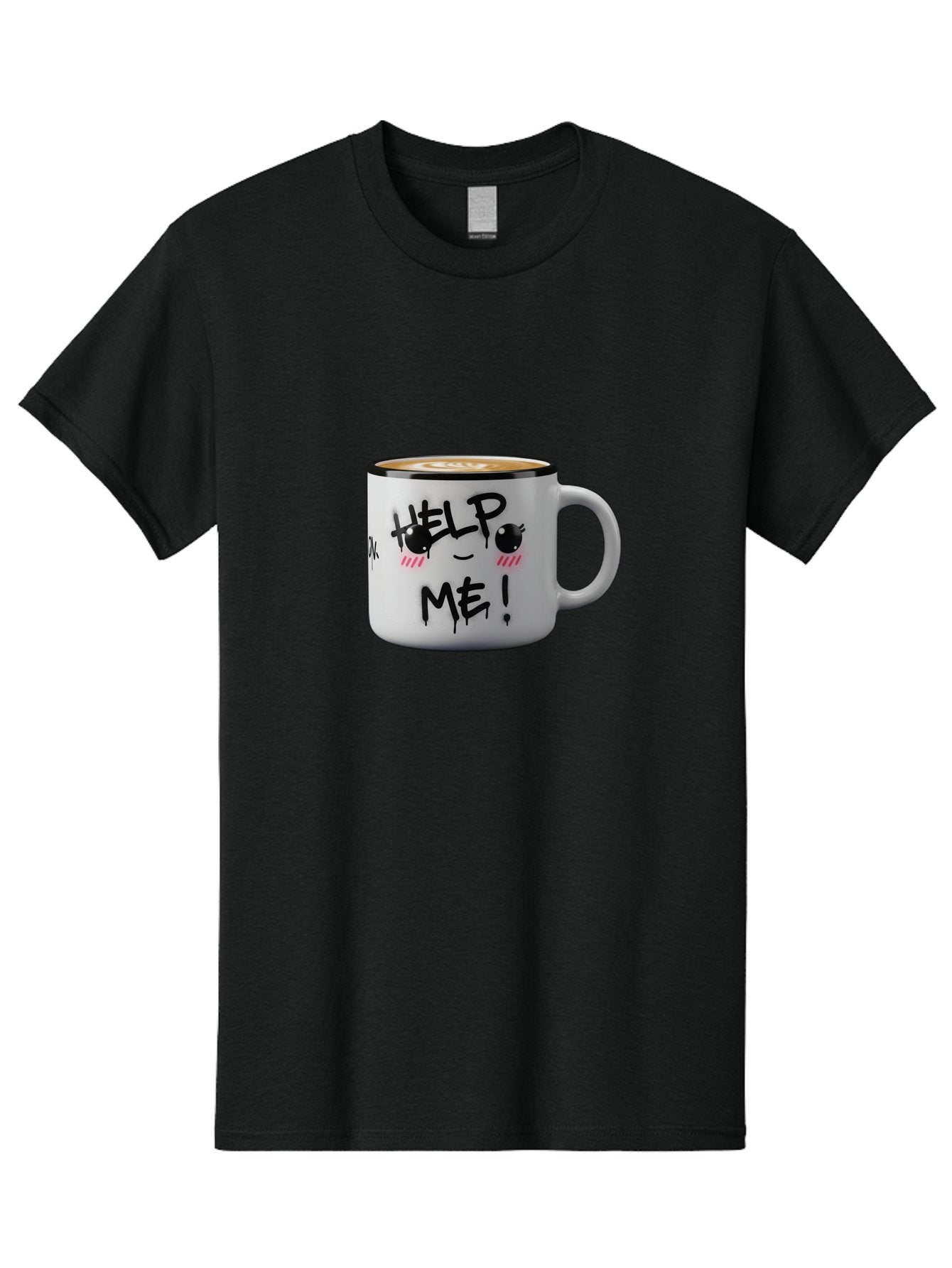 Help-Me-14 Men'S Graphic Tee, 100% Cotton, Comfortable Casual Summer Wear, Machine Washable, Coffee Mug, Black Rim, White Ceramic, Help Me! Text, Cartoon Face, Smiley Face, Coffee Drink, Coffee Culture, Quirky Design, Humorous Mug, Bac040 13