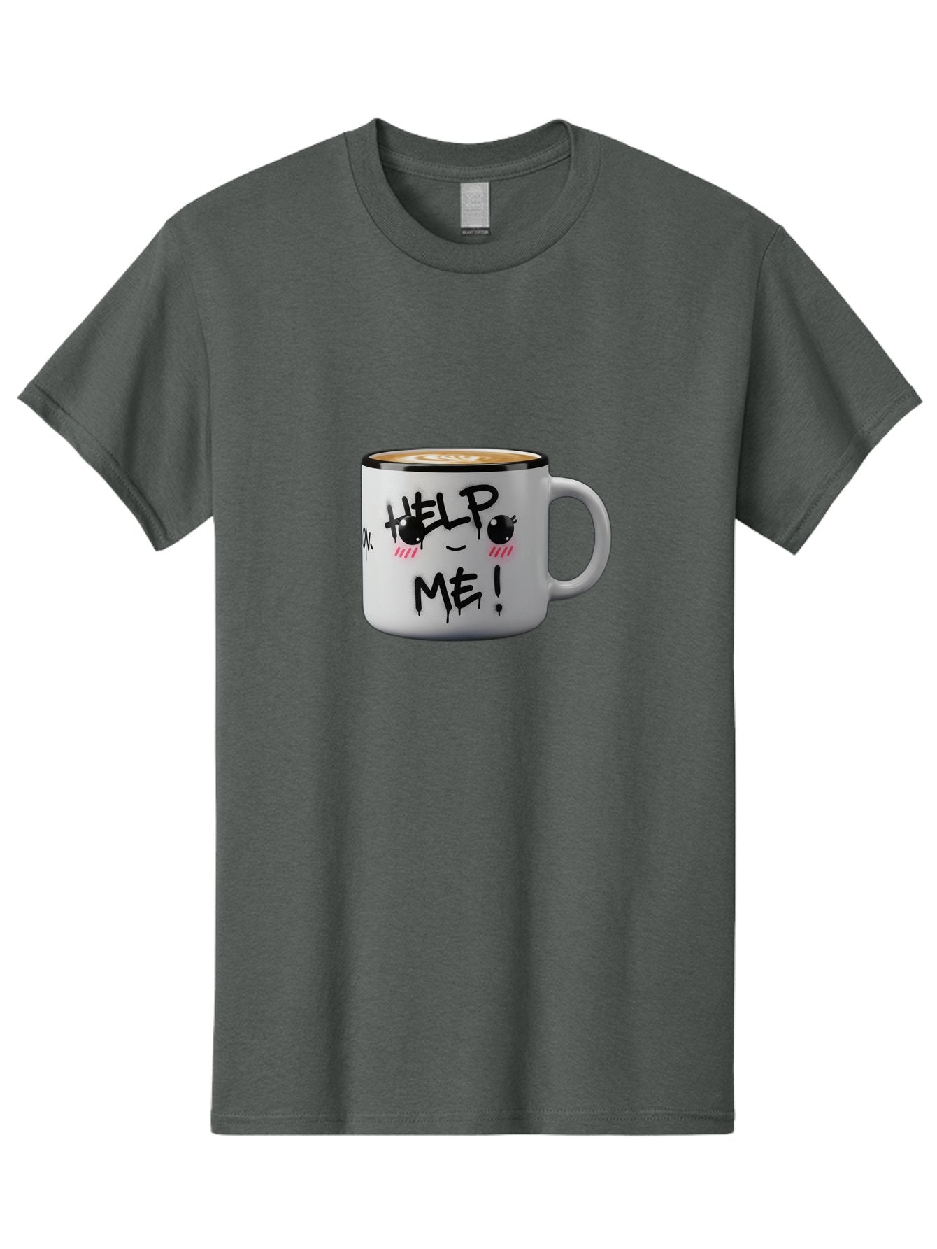 Help-Me-14 Men'S Graphic Tee, 100% Cotton, Comfortable Casual Summer Wear, Machine Washable, Coffee Mug, Black Rim, White Ceramic, Help Me! Text, Cartoon Face, Smiley Face, Coffee Drink, Coffee Culture, Quirky Design, Humorous Mug, Bac040 14