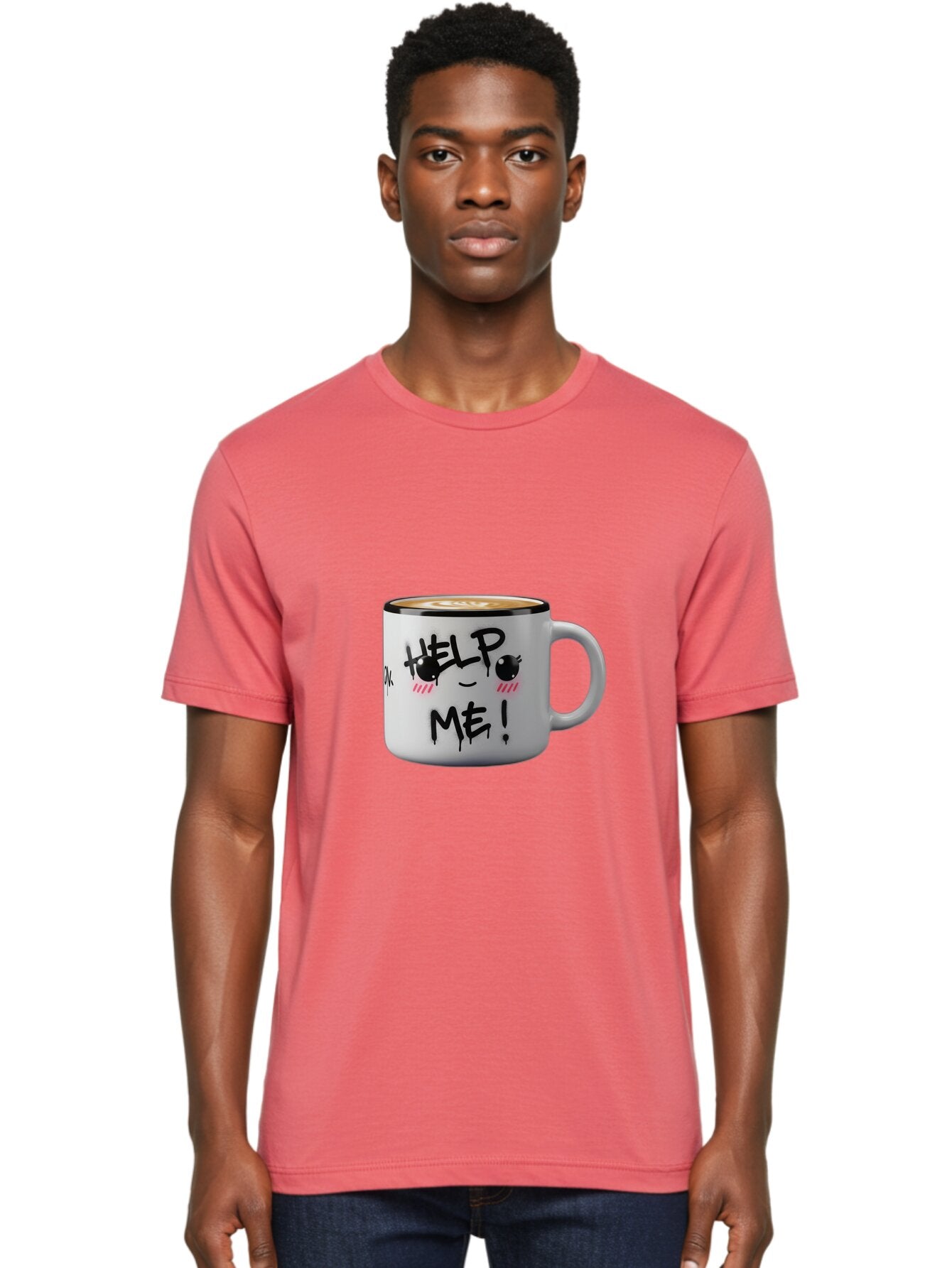 Help-Me-14 Men'S Graphic Tee, 100% Cotton, Comfortable Casual Summer Wear, Machine Washable, Coffee Mug, Black Rim, White Ceramic, Help Me! Text, Cartoon Face, Smiley Face, Coffee Drink, Coffee Culture, Quirky Design, Humorous Mug, Bac040 17