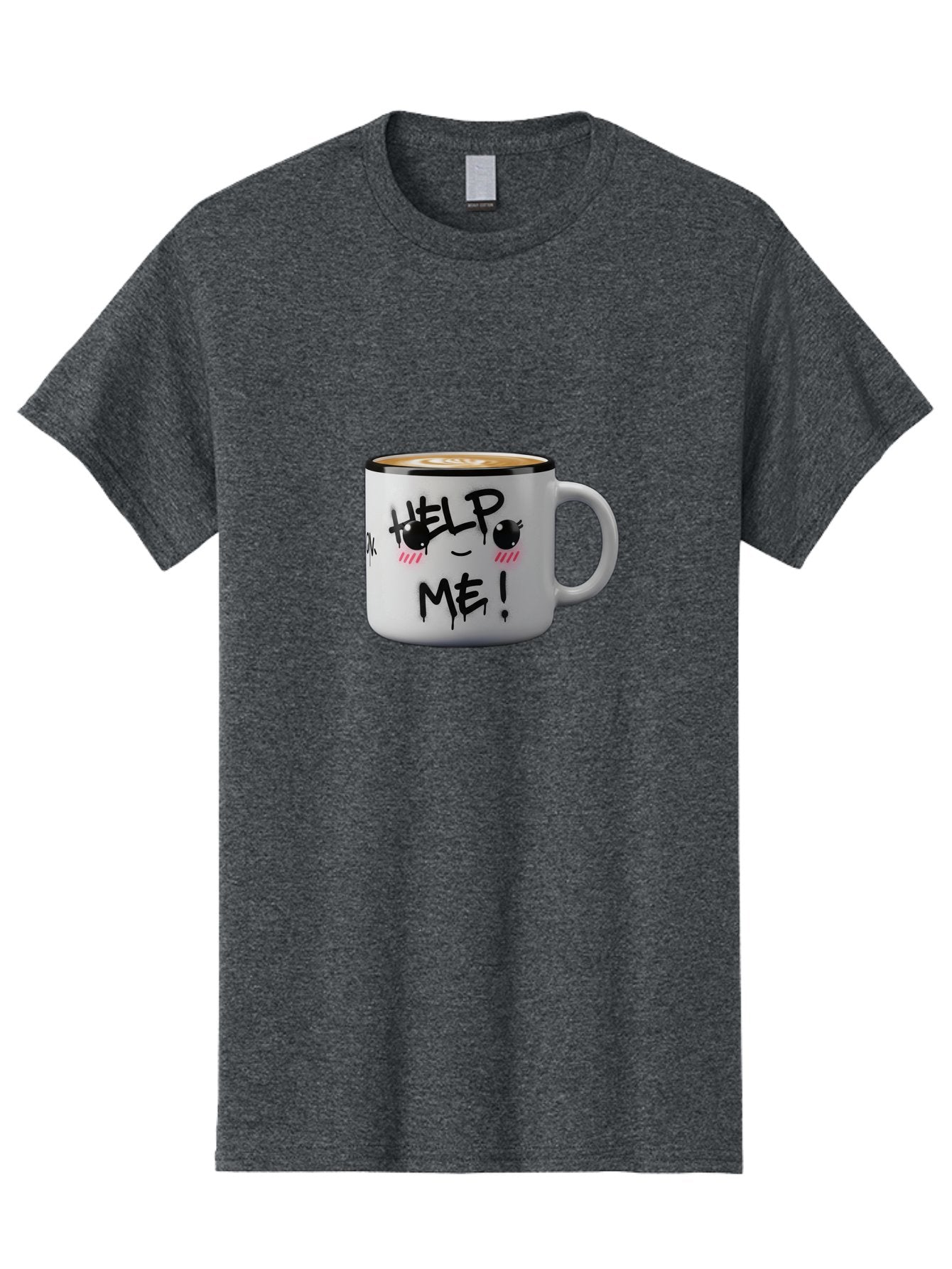 Help-Me-14 Men'S Graphic Tee, 100% Cotton, Comfortable Casual Summer Wear, Machine Washable, Coffee Mug, Black Rim, White Ceramic, Help Me! Text, Cartoon Face, Smiley Face, Coffee Drink, Coffee Culture, Quirky Design, Humorous Mug, Bac040 11