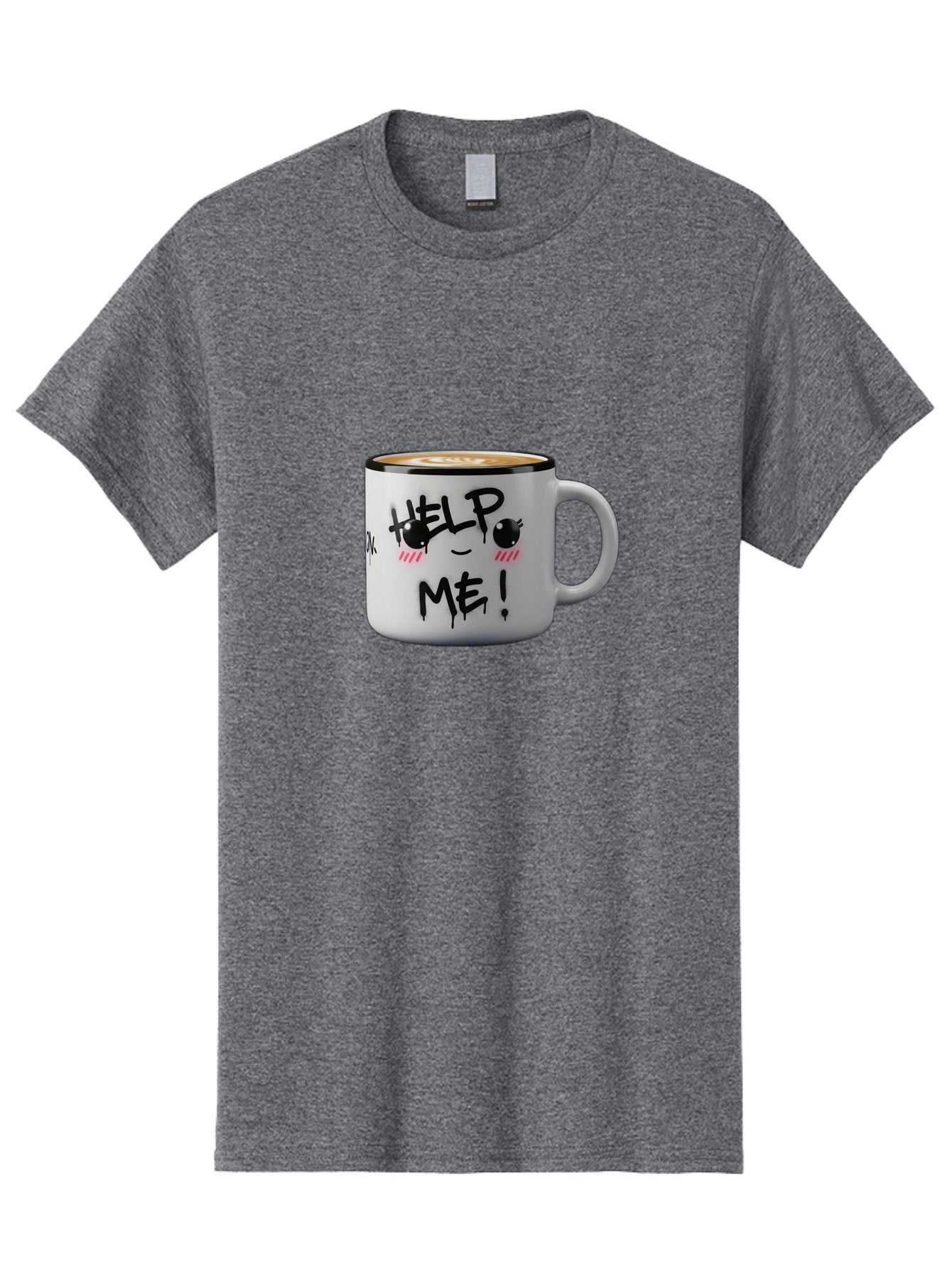 Help-Me-14 Men'S Graphic Tee, 100% Cotton, Comfortable Casual Summer Wear, Machine Washable, Coffee Mug, Black Rim, White Ceramic, Help Me! Text, Cartoon Face, Smiley Face, Coffee Drink, Coffee Culture, Quirky Design, Humorous Mug, Bac040 5