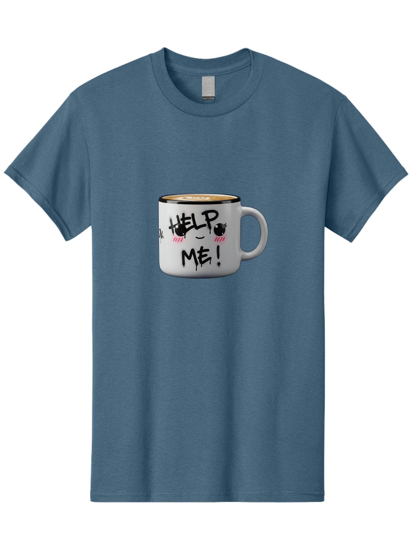 Help-Me-14 Men'S Graphic Tee, 100% Cotton, Comfortable Casual Summer Wear, Machine Washable, Coffee Mug, Black Rim, White Ceramic, Help Me! Text, Cartoon Face, Smiley Face, Coffee Drink, Coffee Culture, Quirky Design, Humorous Mug, Bac040 12