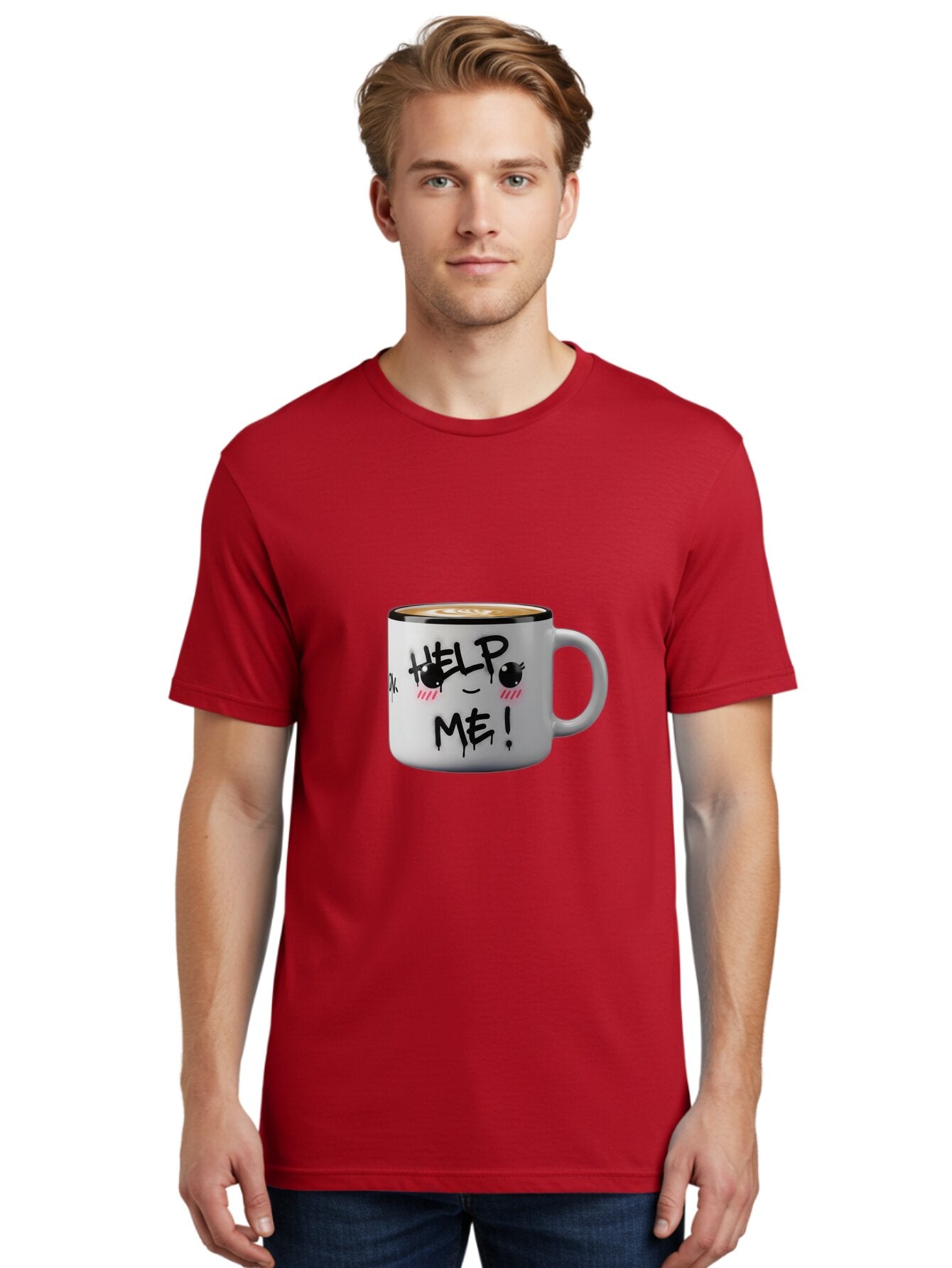 Help-Me-14 Men'S Graphic Tee, 100% Cotton, Comfortable Casual Summer Wear, Machine Washable, Coffee Mug, Black Rim, White Ceramic, Help Me! Text, Cartoon Face, Smiley Face, Coffee Drink, Coffee Culture, Quirky Design, Humorous Mug, Bac040 25