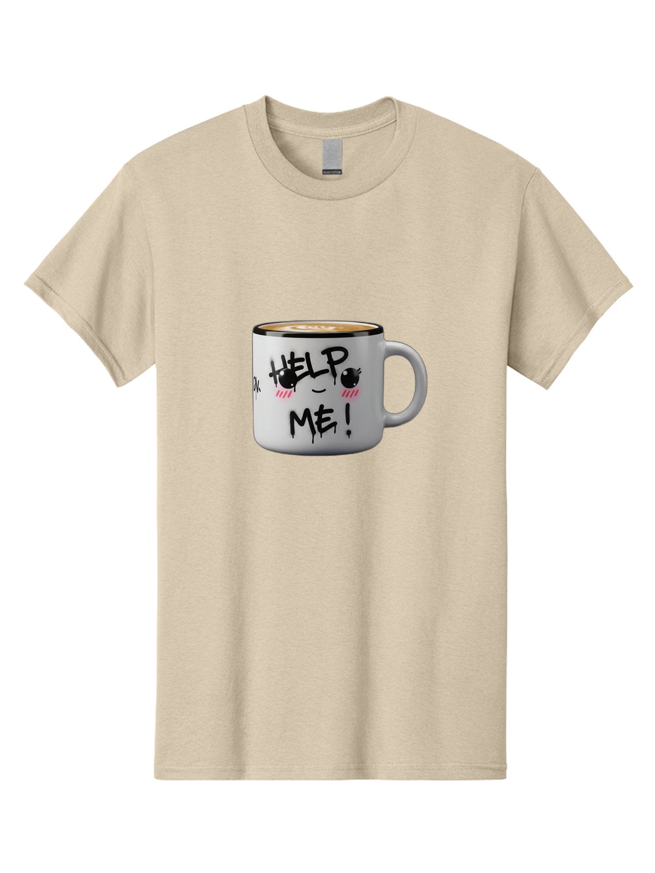 Help-Me-14 Men'S Graphic Tee, 100% Cotton, Comfortable Casual Summer Wear, Machine Washable, Coffee Mug, Black Rim, White Ceramic, Help Me! Text, Cartoon Face, Smiley Face, Coffee Drink, Coffee Culture, Quirky Design, Humorous Mug, Bac040