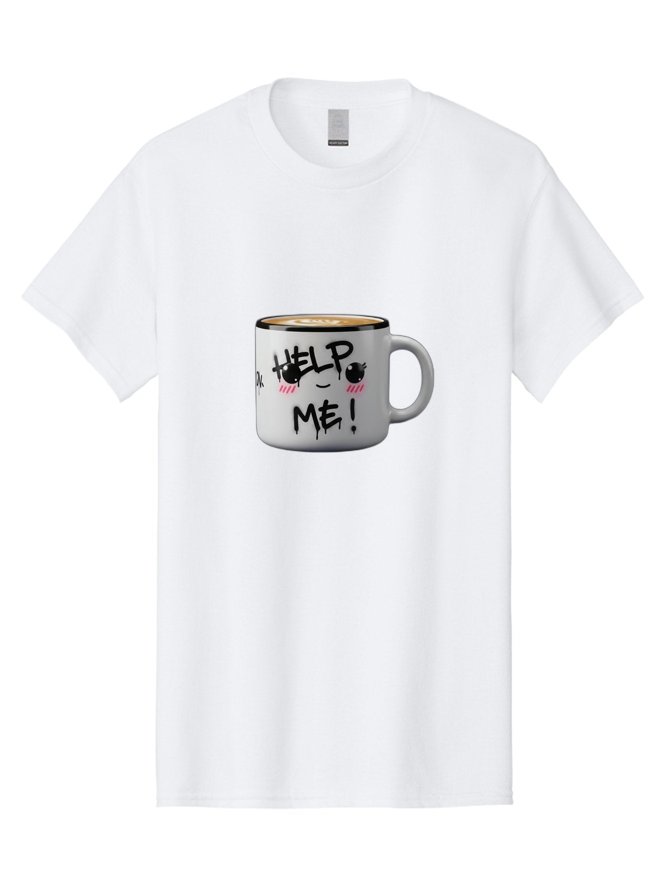Help-Me-14 Men'S Graphic Tee, 100% Cotton, Comfortable Casual Summer Wear, Machine Washable, Coffee Mug, Black Rim, White Ceramic, Help Me! Text, Cartoon Face, Smiley Face, Coffee Drink, Coffee Culture, Quirky Design, Humorous Mug, Bac040 15