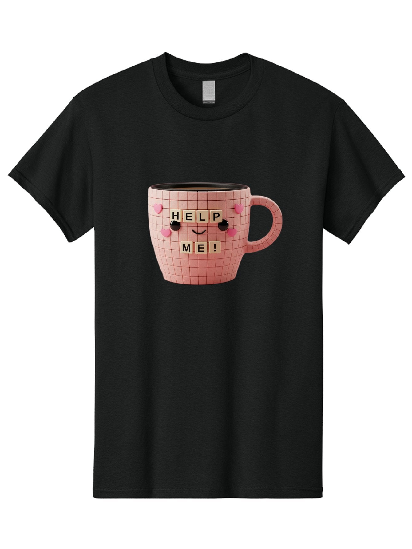Help-Me-15 Men'S Graphic Tee, 100% Cotton, Comfortable Casual Summer Wear, Machine Washable, Pink Coffee Mug, Grid Pattern Design, Funny Face, Help Me! Letters, Cute Smiley Face, Quirky Humor, Coffee Culture, Playful Design, Cute Expression, Bac041 6