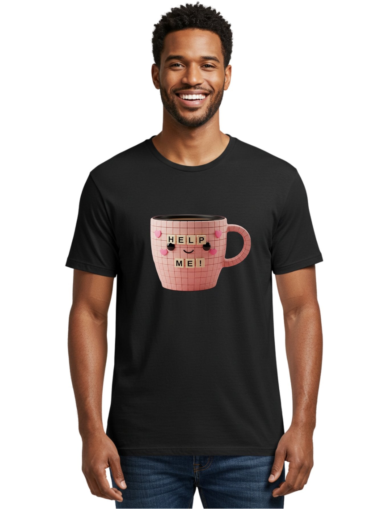 Help-Me-15 Men'S Graphic Tee, 100% Cotton, Comfortable Casual Summer Wear, Machine Washable, Pink Coffee Mug, Grid Pattern Design, Funny Face, Help Me! Letters, Cute Smiley Face, Quirky Humor, Coffee Culture, Playful Design, Cute Expression, Bac041 24