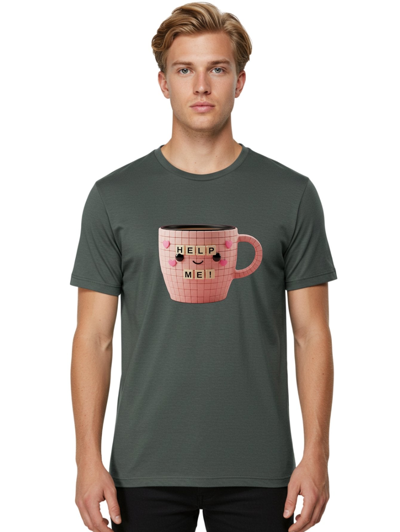 Help-Me-15 Men'S Graphic Tee, 100% Cotton, Comfortable Casual Summer Wear, Machine Washable, Pink Coffee Mug, Grid Pattern Design, Funny Face, Help Me! Letters, Cute Smiley Face, Quirky Humor, Coffee Culture, Playful Design, Cute Expression, Bac041 30