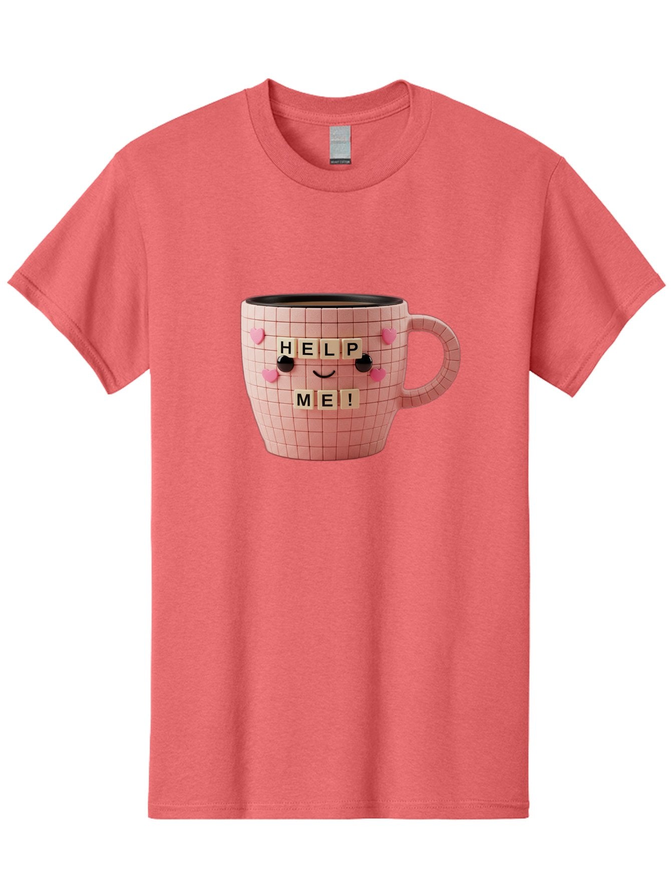 Help-Me-15 Men'S Graphic Tee, 100% Cotton, Comfortable Casual Summer Wear, Machine Washable, Pink Coffee Mug, Grid Pattern Design, Funny Face, Help Me! Letters, Cute Smiley Face, Quirky Humor, Coffee Culture, Playful Design, Cute Expression, Bac041 8