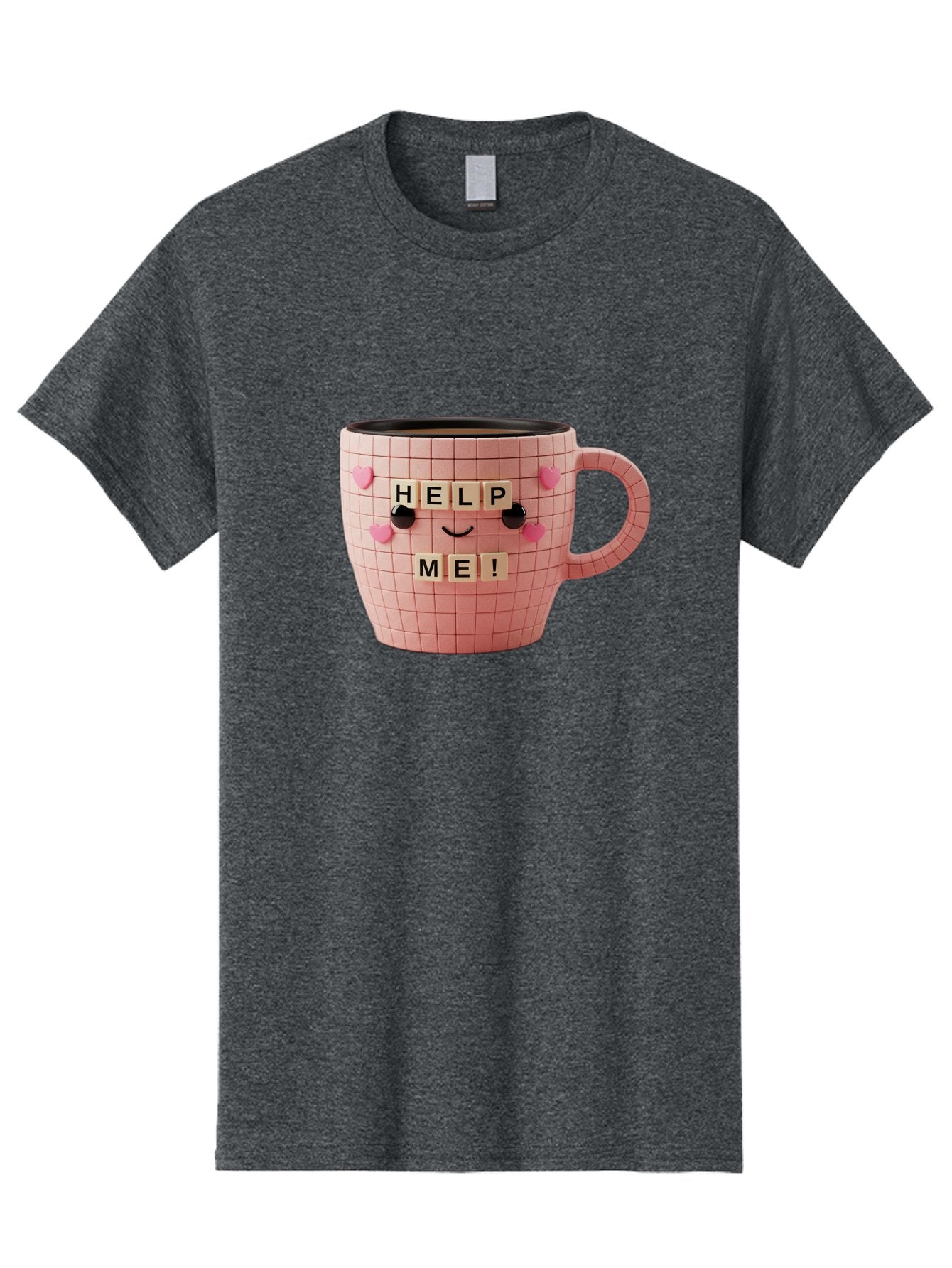 Help-Me-15 Men'S Graphic Tee, 100% Cotton, Comfortable Casual Summer Wear, Machine Washable, Pink Coffee Mug, Grid Pattern Design, Funny Face, Help Me! Letters, Cute Smiley Face, Quirky Humor, Coffee Culture, Playful Design, Cute Expression, Bac041 3