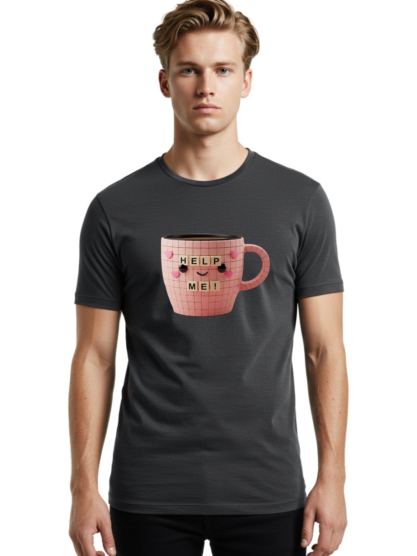 Help-Me-15 Men'S Graphic Tee, 100% Cotton, Comfortable Casual Summer Wear, Machine Washable, Pink Coffee Mug, Grid Pattern Design, Funny Face, Help Me! Letters, Cute Smiley Face, Quirky Humor, Coffee Culture, Playful Design, Cute Expression, Bac041 22
