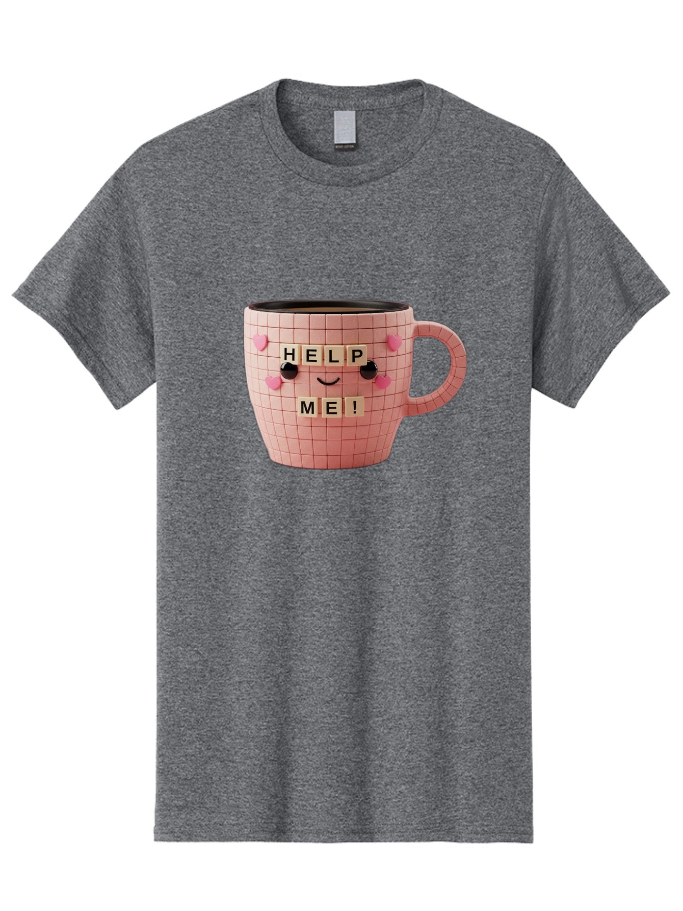 Help-Me-15 Men'S Graphic Tee, 100% Cotton, Comfortable Casual Summer Wear, Machine Washable, Pink Coffee Mug, Grid Pattern Design, Funny Face, Help Me! Letters, Cute Smiley Face, Quirky Humor, Coffee Culture, Playful Design, Cute Expression, Bac041